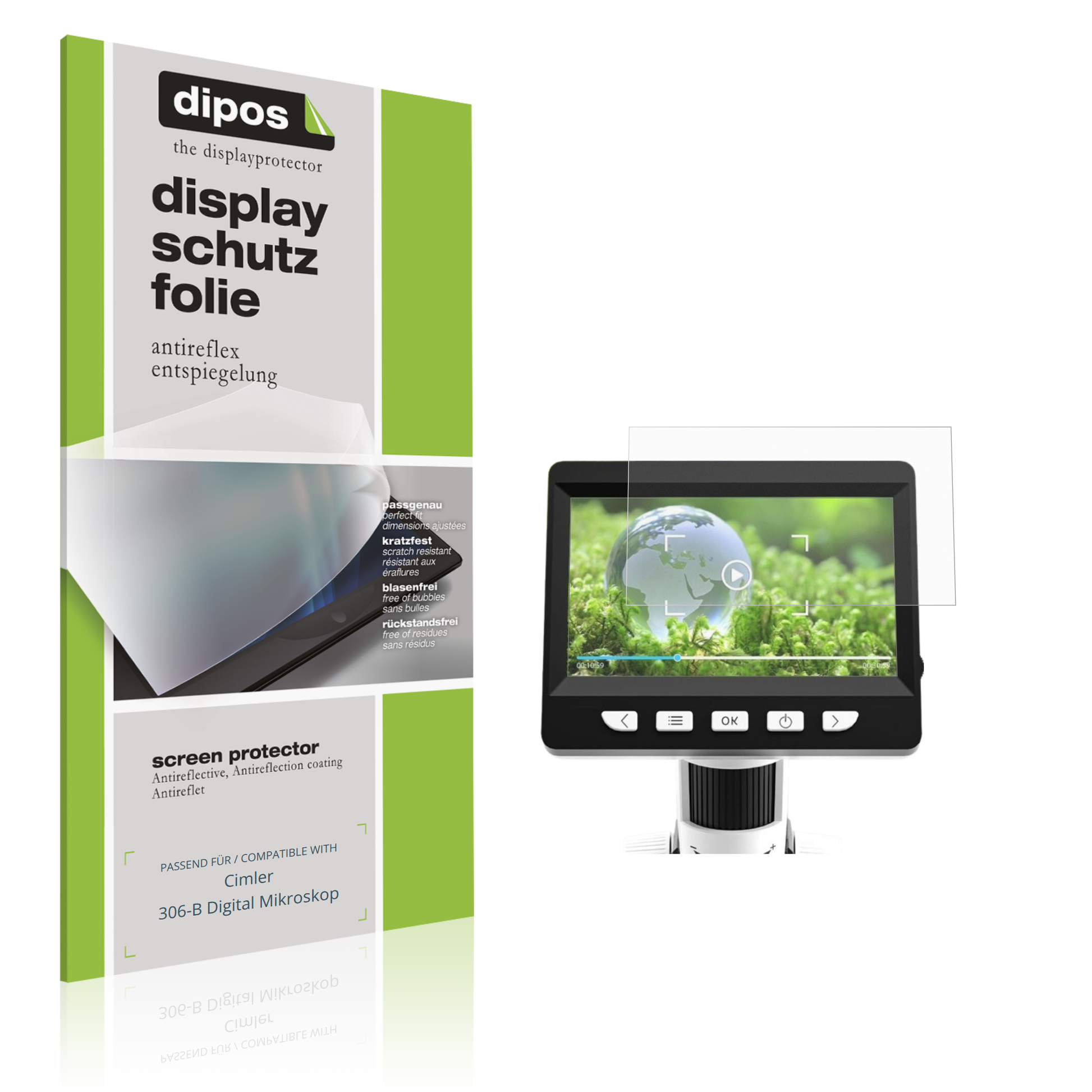 Matte Displayschutzfolie von dipos passend für Cimler 306-B Digital Mikroskop, präziser Zuschnitt und blasenfrei montiert