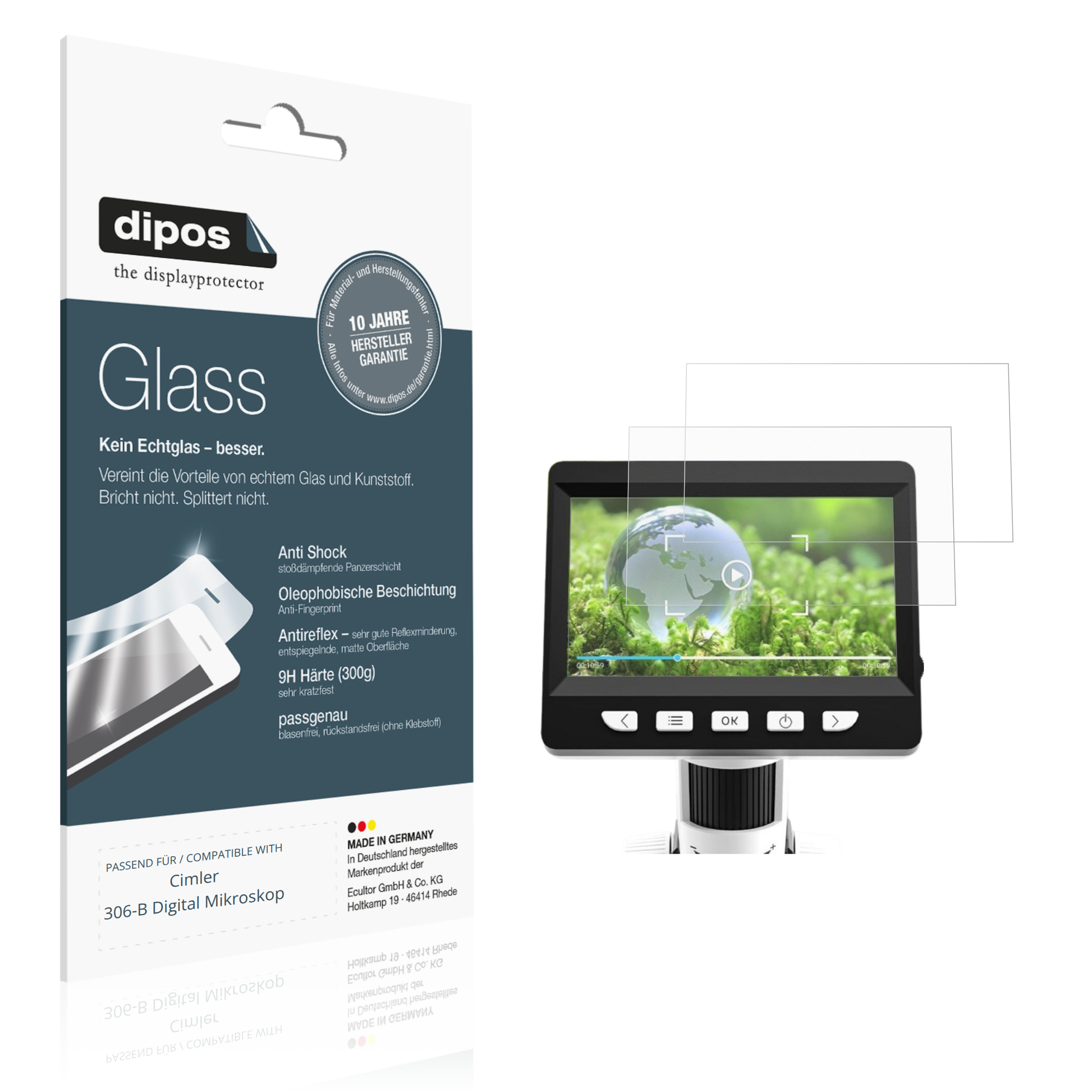 Matte Displayschutzfolie von dipos passend für Cimler 306-B Digital Mikroskop, 9H kratzfest und blasenfrei montiert