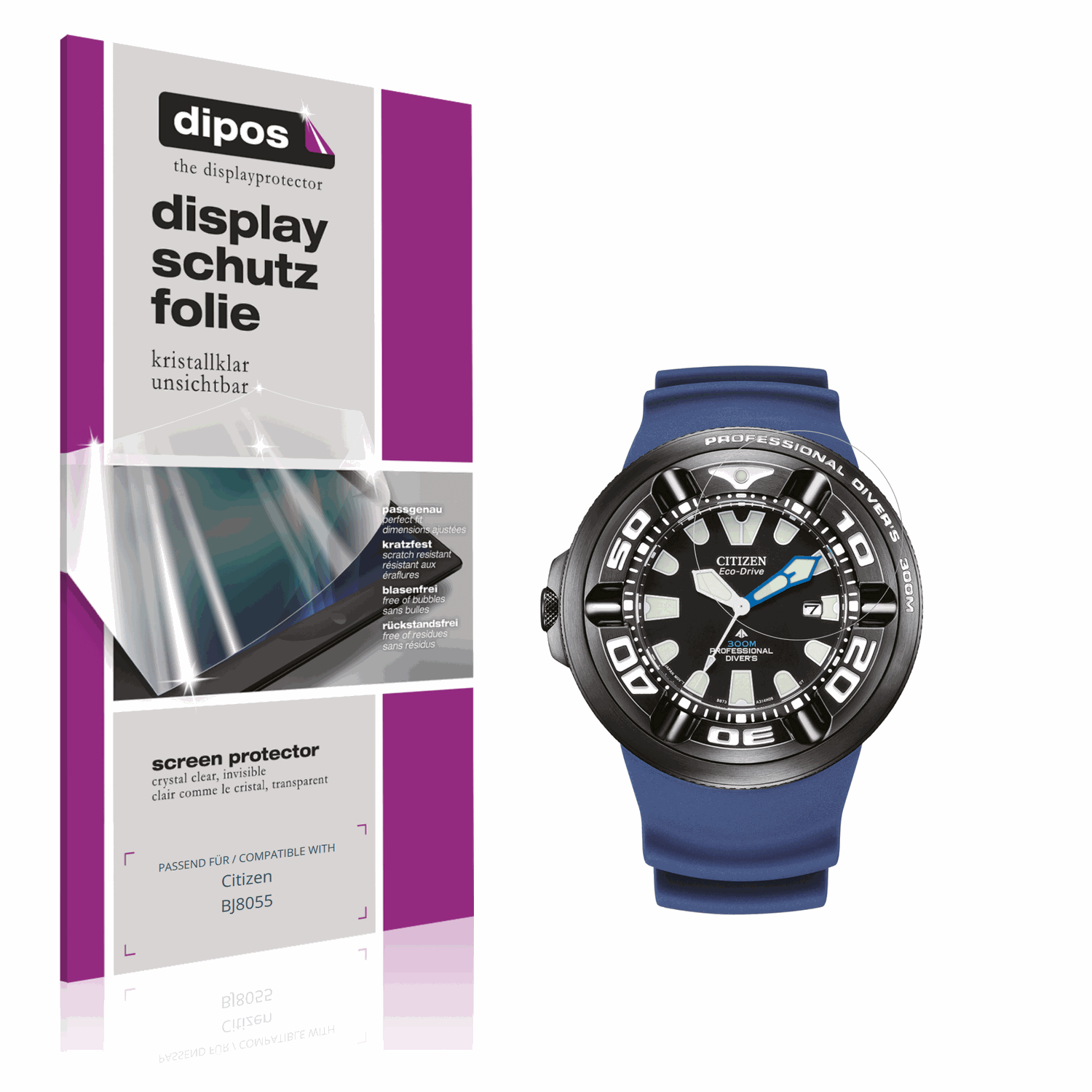 Klare Displayschutzfolie von dipos passend für Citizen BJ8055, präziser Zuschnitt und blasenfrei montiert