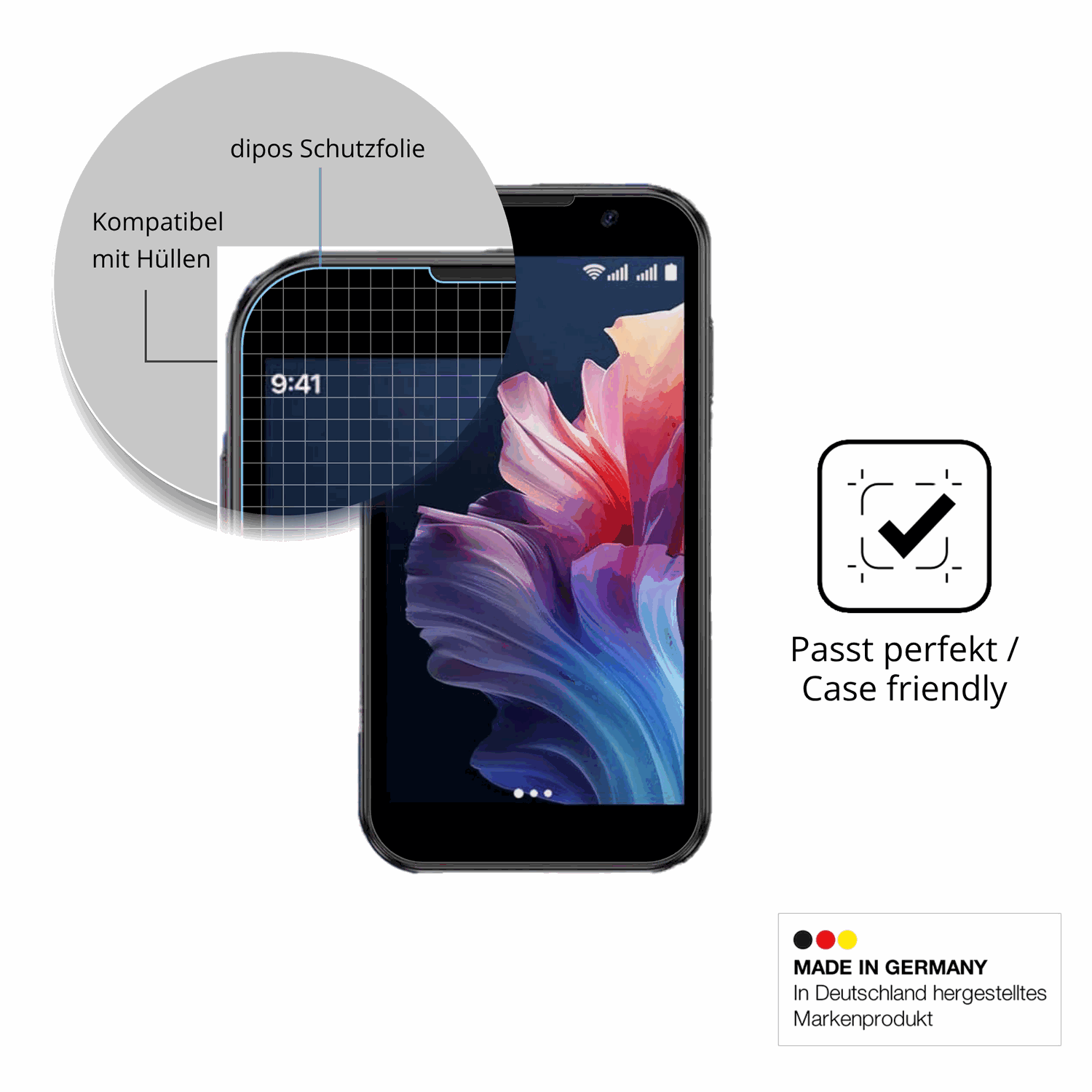 Schutzfolie mit optimaler Passform, zur Verwendung mit Hüllen geeignet