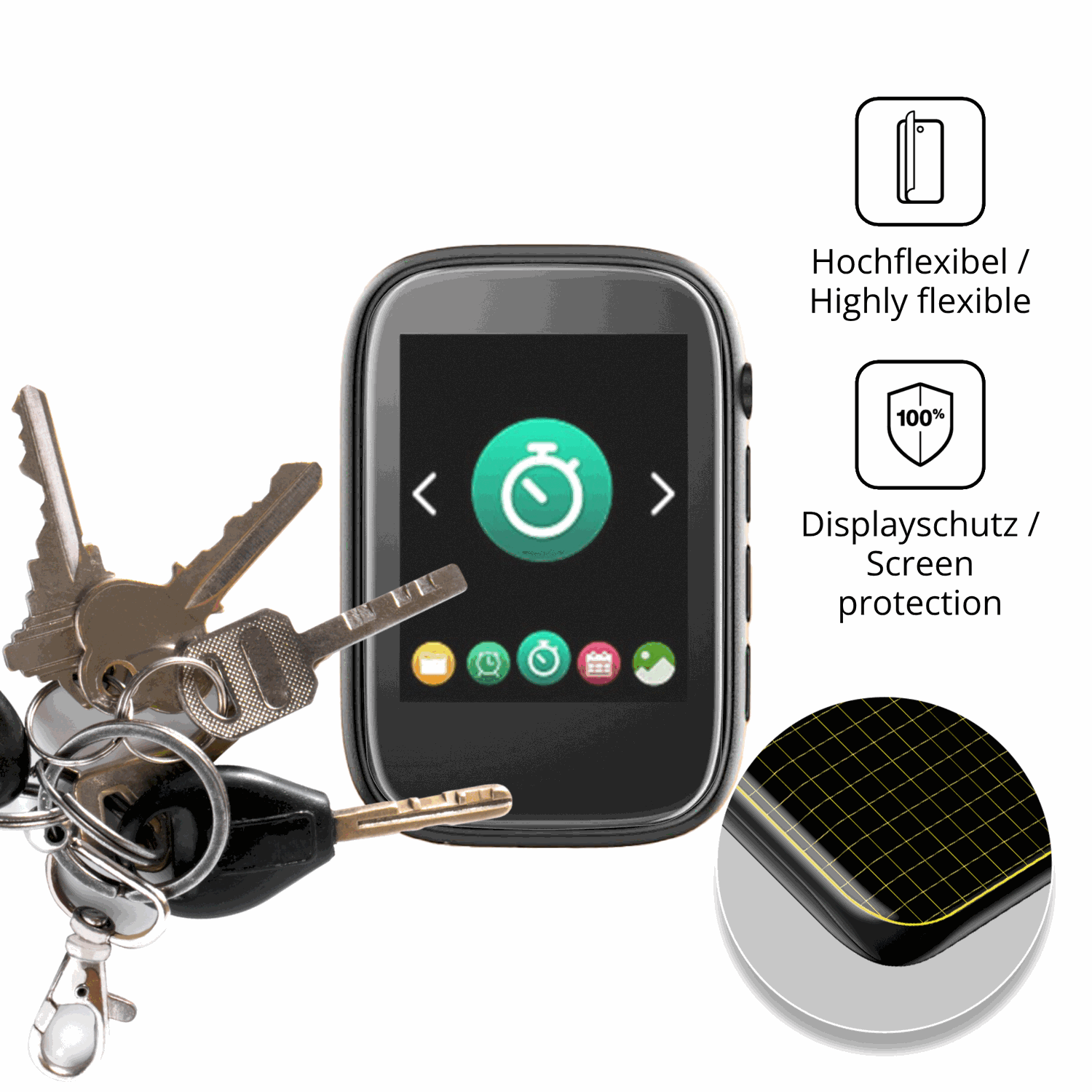 dipos Displayschutz für colorcool A3 MP3-Player, transparente Oberfläche, perfekte Passform auch für die Rundungen