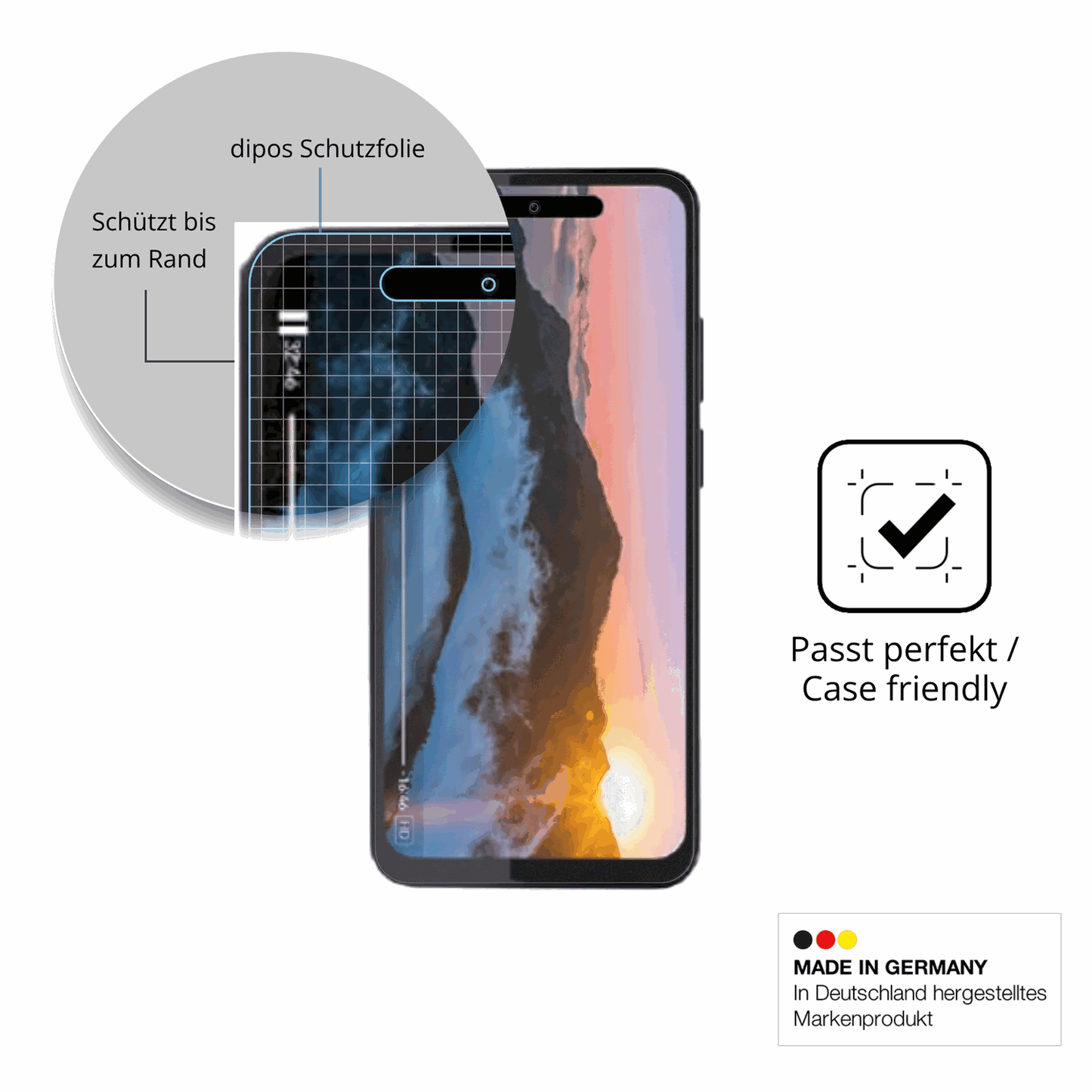 Schutzglasfolie mit optimaler Passform, zur Verwendung mit Hüllen geeignet