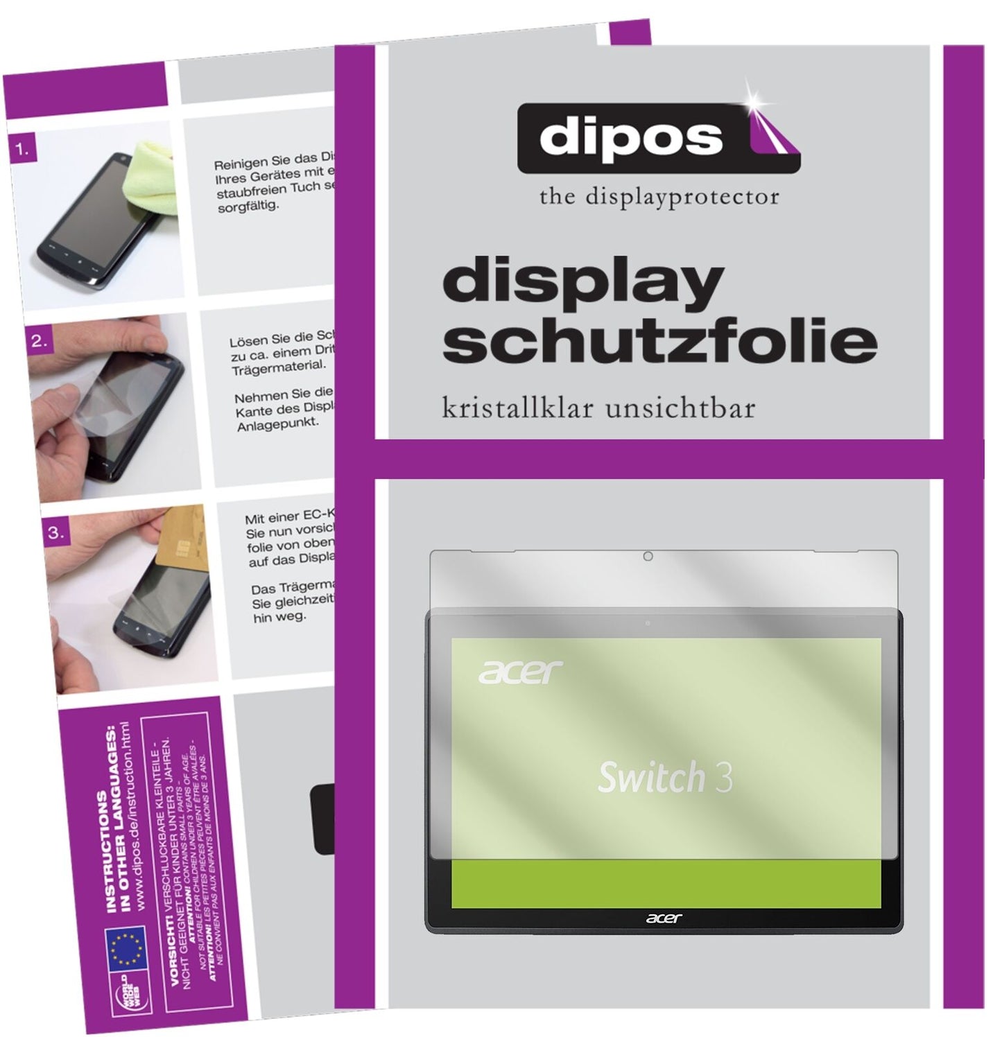 AcerSwitch 3 SW312-31-P7SF mit aufgebrachter dipos Displayschutzfolie, glasklare Darstellung ohne Einschränkungen