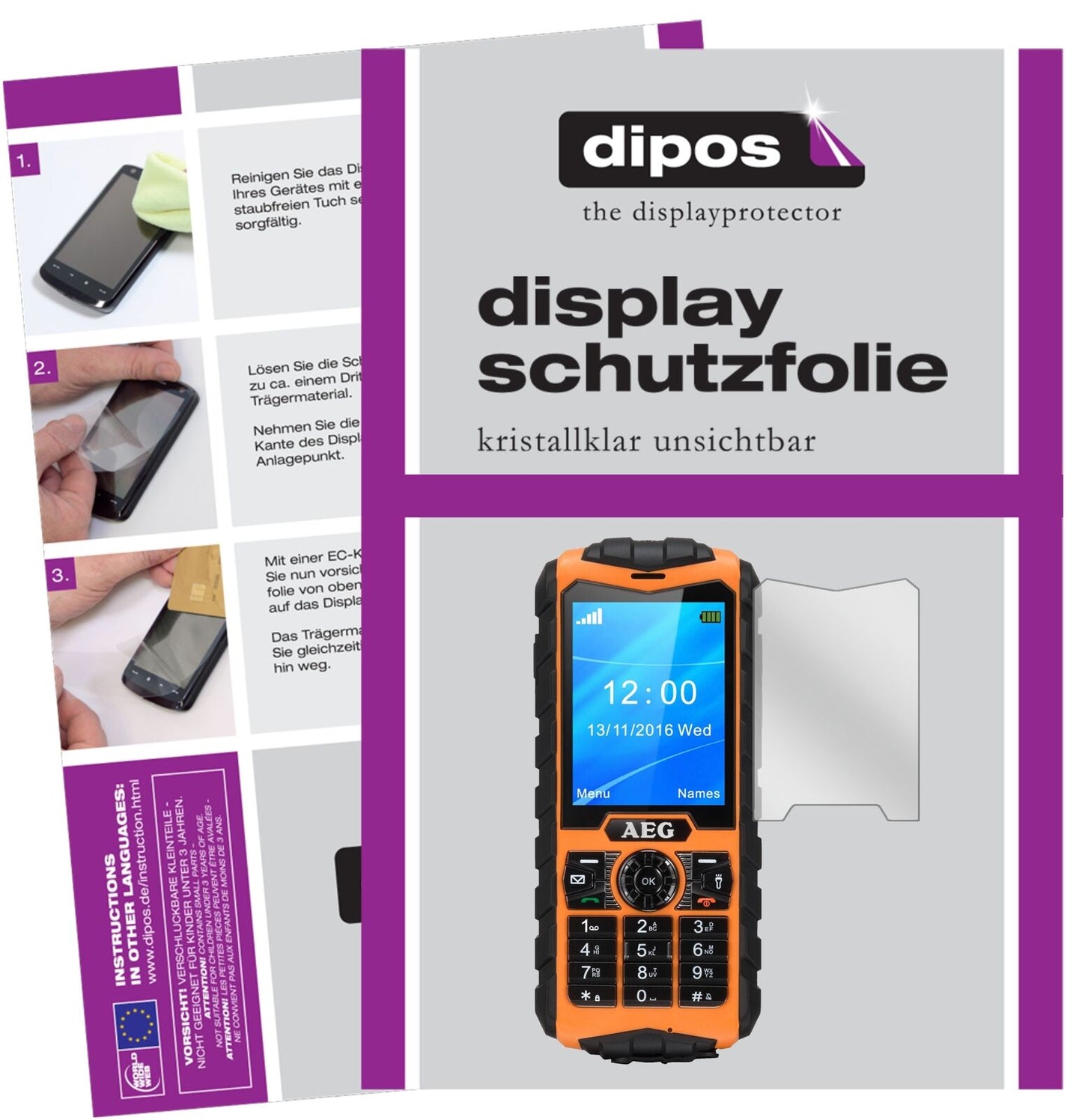 AEGM550 mit aufgebrachter dipos Displayschutzfolie, glasklare Darstellung ohne Einschränkungen