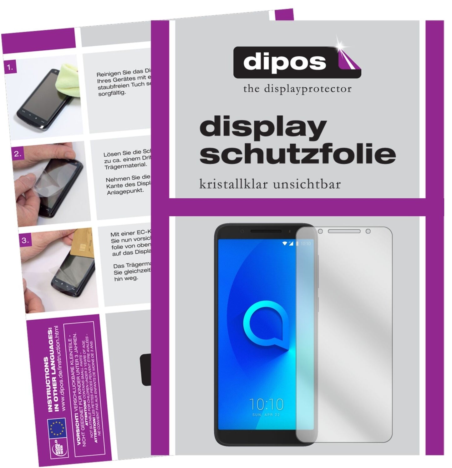 Alcatel3V mit aufgebrachter dipos Displayschutzfolie, glasklare Darstellung ohne Einschränkungen