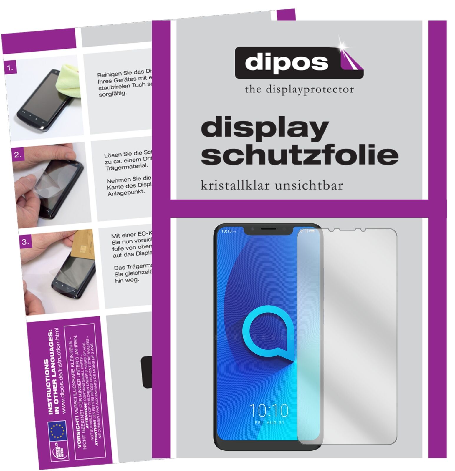 Alcatel5V mit aufgebrachter dipos Displayschutzfolie, glasklare Darstellung ohne Einschränkungen