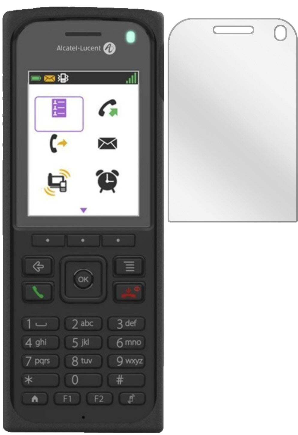 Alcatel8262 mit aufgebrachter dipos Displayschutzfolie, glasklare Darstellung ohne Einschränkungen