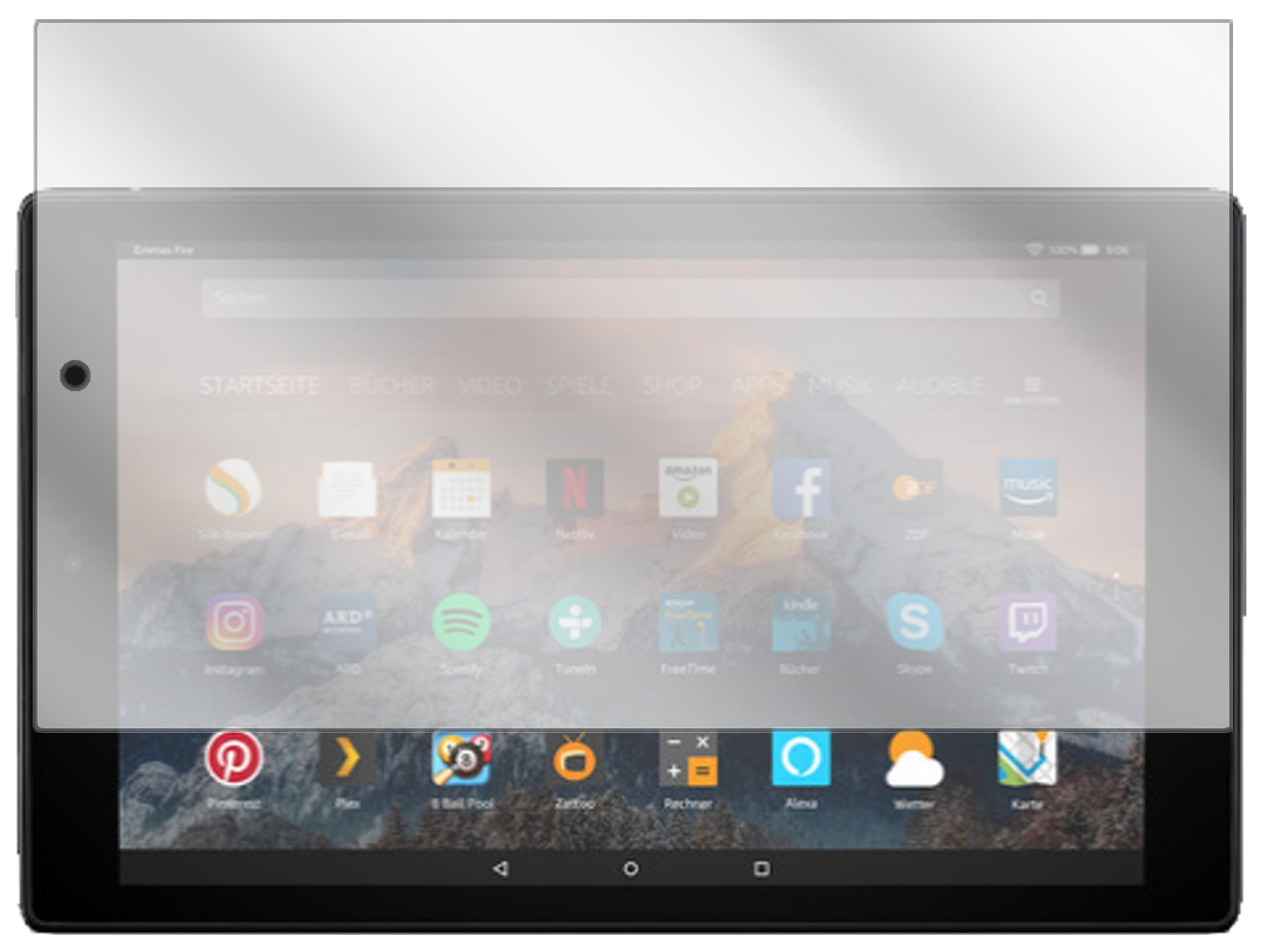 AmazonFire HD 10 (2019) mit aufgebrachter dipos Displayschutzfolie, glasklare Darstellung ohne Einschränkungen