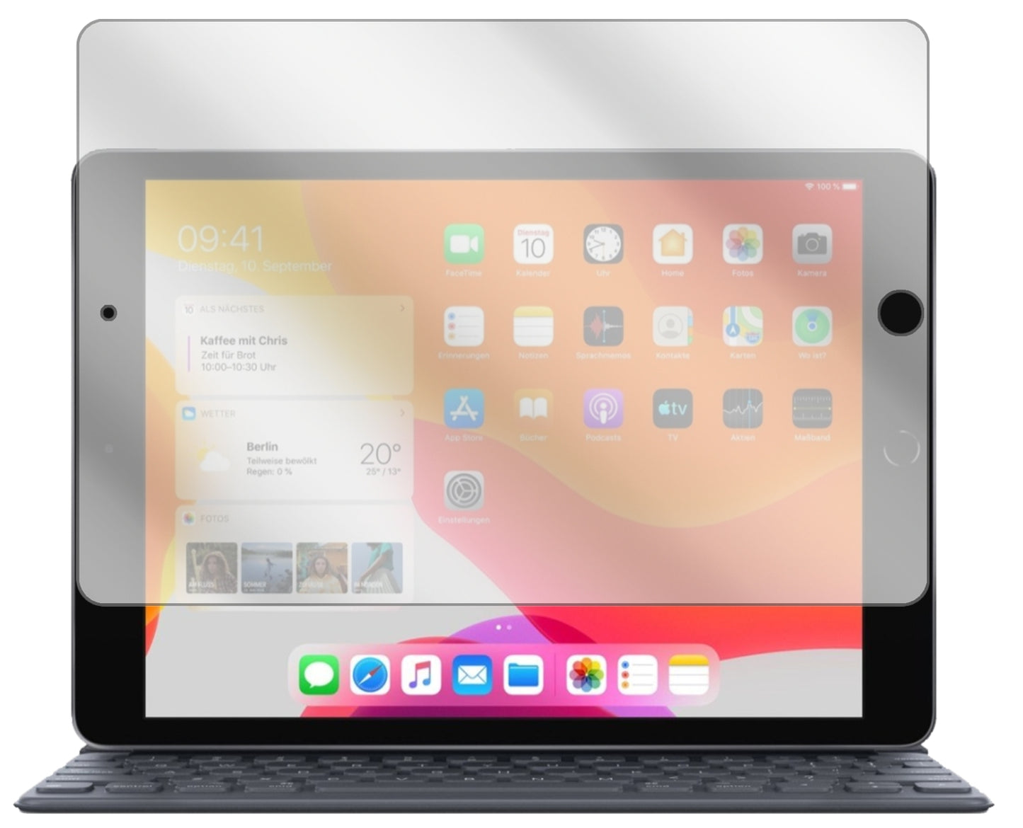 AppleiPad 10.2 Zoll (2019) mit aufgebrachter dipos Displayschutzfolie, glasklare Darstellung ohne Einschränkungen