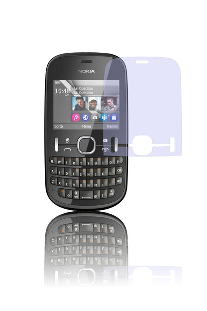Asha 201Nokia mit aufgebrachter dipos Displayschutzfolie, glasklare Darstellung ohne Einschränkungen