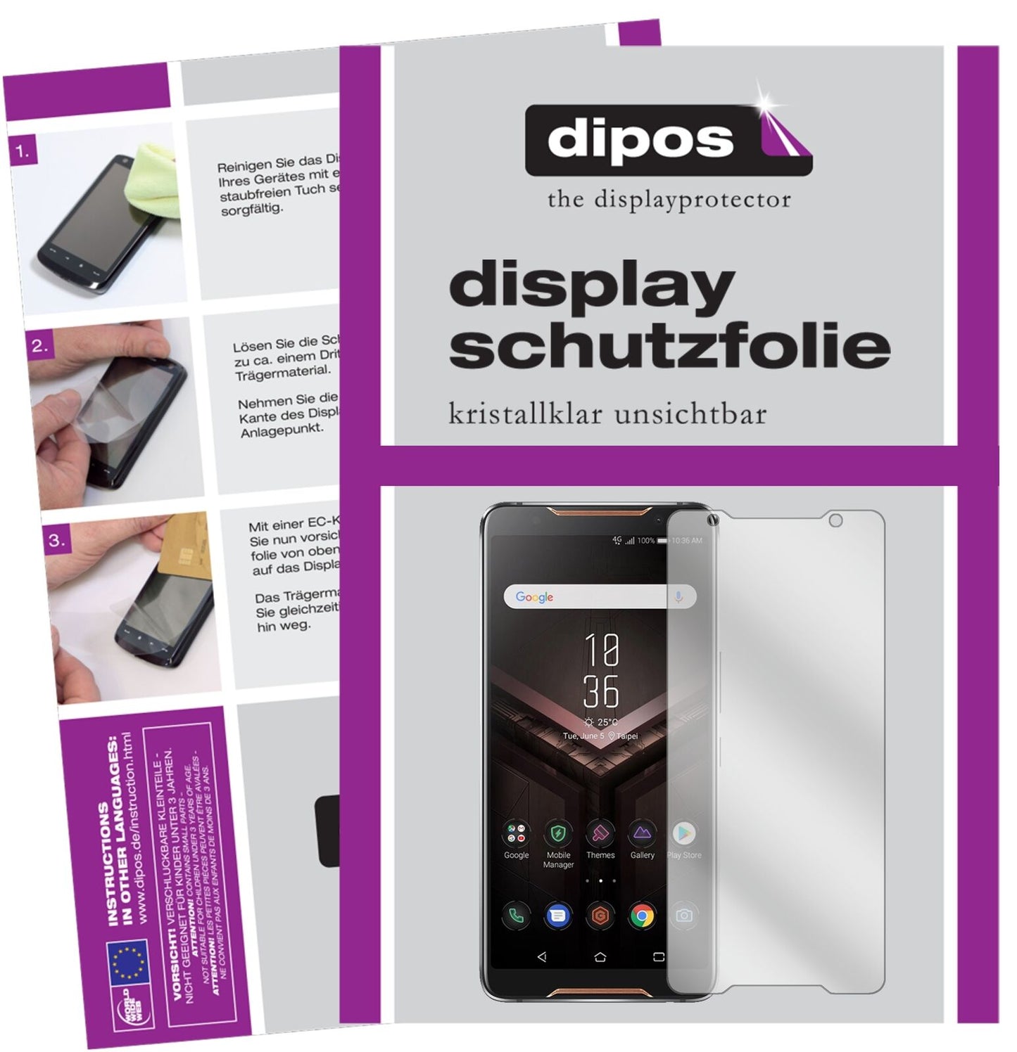 AsusROG Phone mit aufgebrachter dipos Displayschutzfolie, glasklare Darstellung ohne Einschränkungen