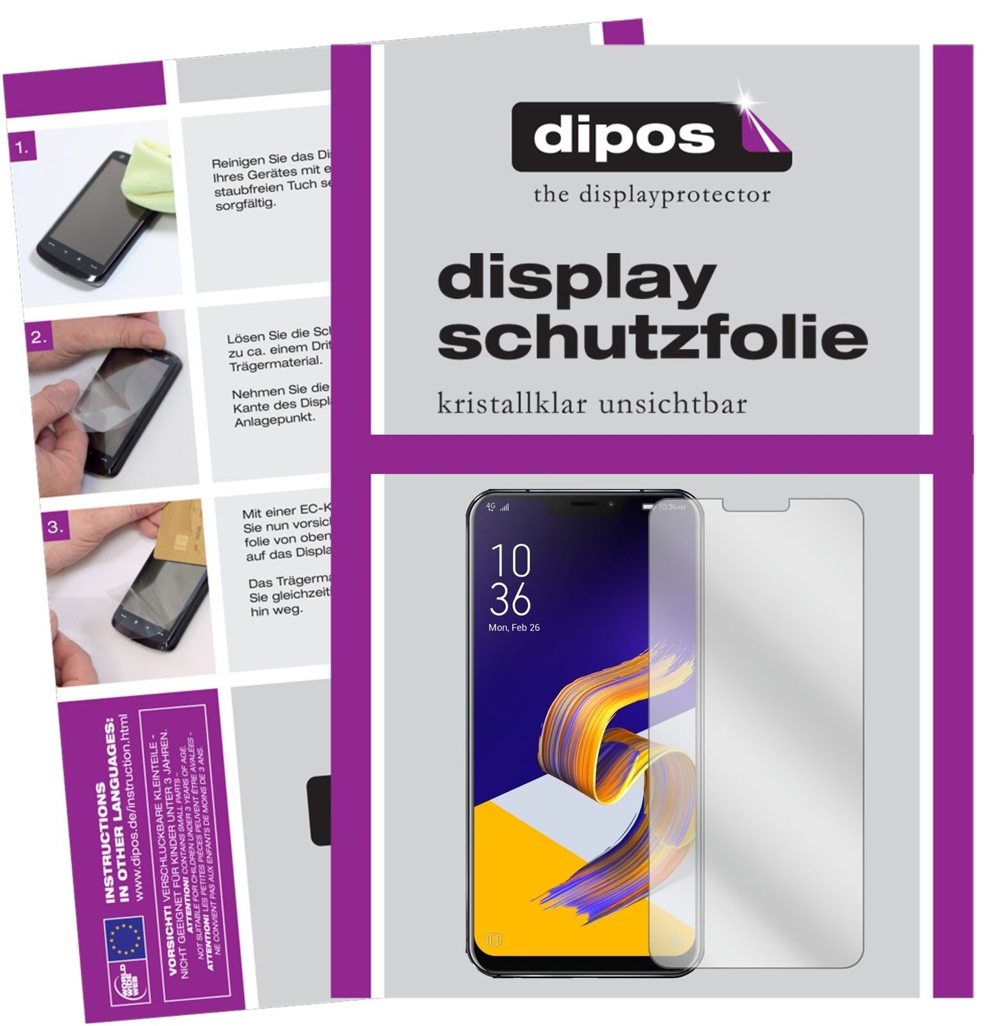 AsusZenfone 5 ZE620KL mit aufgebrachter dipos Displayschutzfolie, glasklare Darstellung ohne Einschränkungen