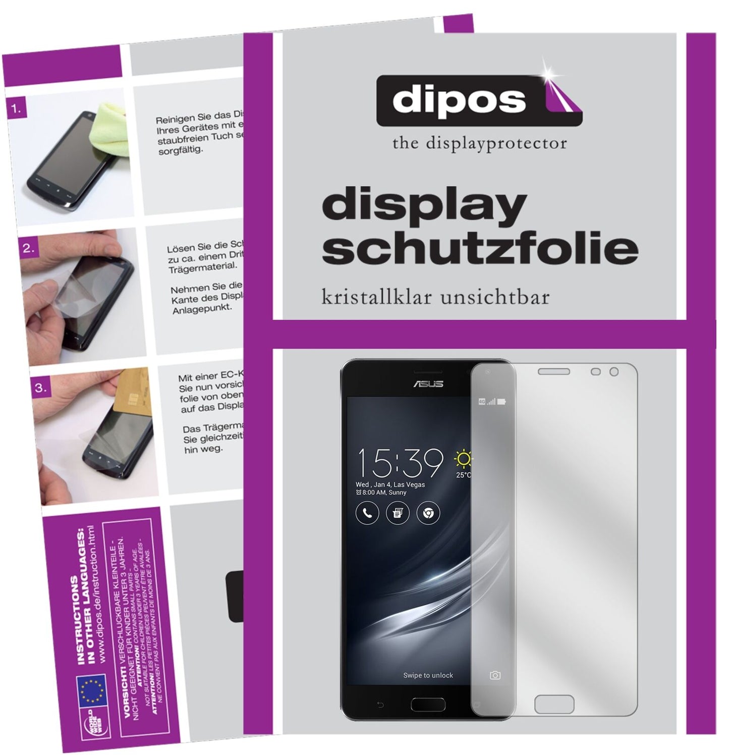 ASUSZenFone Ares ZS572KL mit aufgebrachter dipos Displayschutzfolie, glasklare Darstellung ohne Einschränkungen