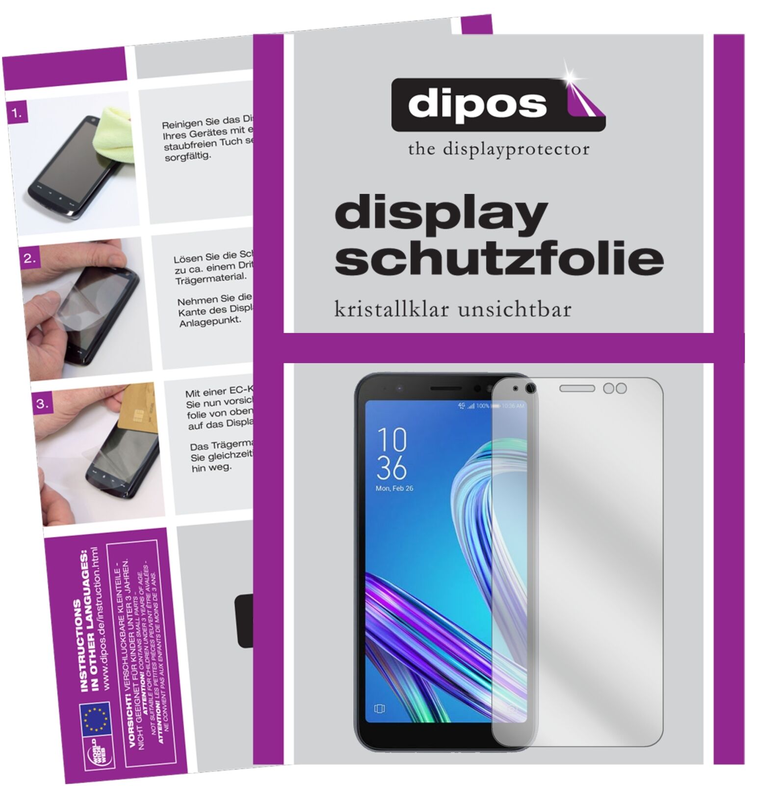 AsusZenfone Live L1 ZA550KL mit aufgebrachter dipos Displayschutzfolie, glasklare Darstellung ohne Einschränkungen