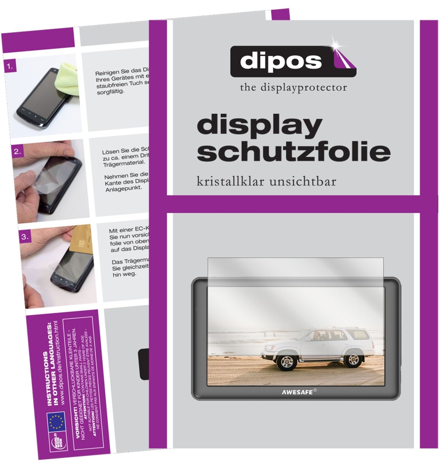 AWESAFEGPS Navi 7 Zoll mit aufgebrachter dipos Displayschutzfolie, glasklare Darstellung ohne Einschränkungen