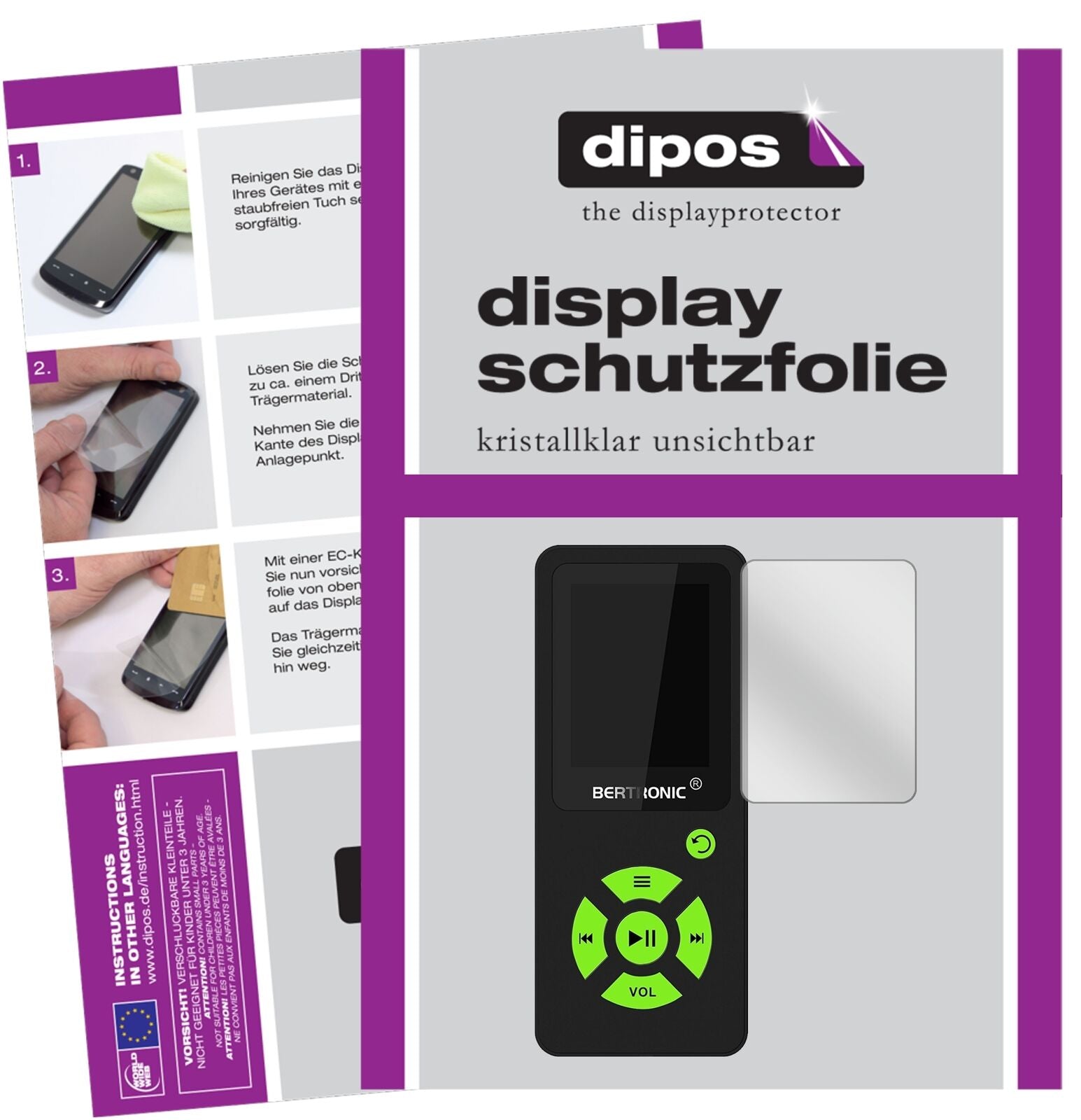 BertronicBC07 Royal MP3-Player mit aufgebrachter dipos Displayschutzfolie, glasklare Darstellung ohne Einschränkungen