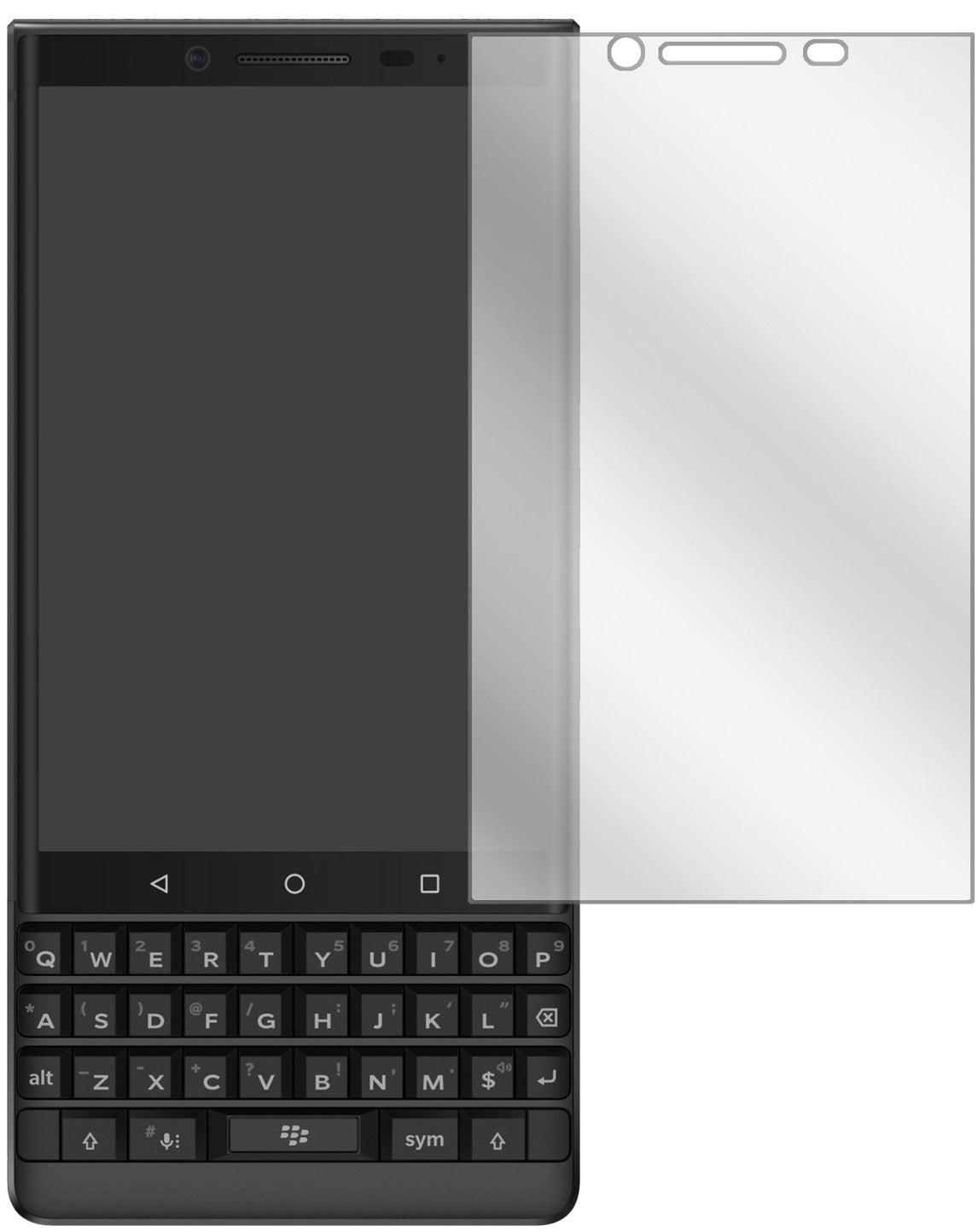 BlackberryKey 2 mit aufgebrachter dipos Displayschutzfolie, glasklare Darstellung ohne Einschränkungen