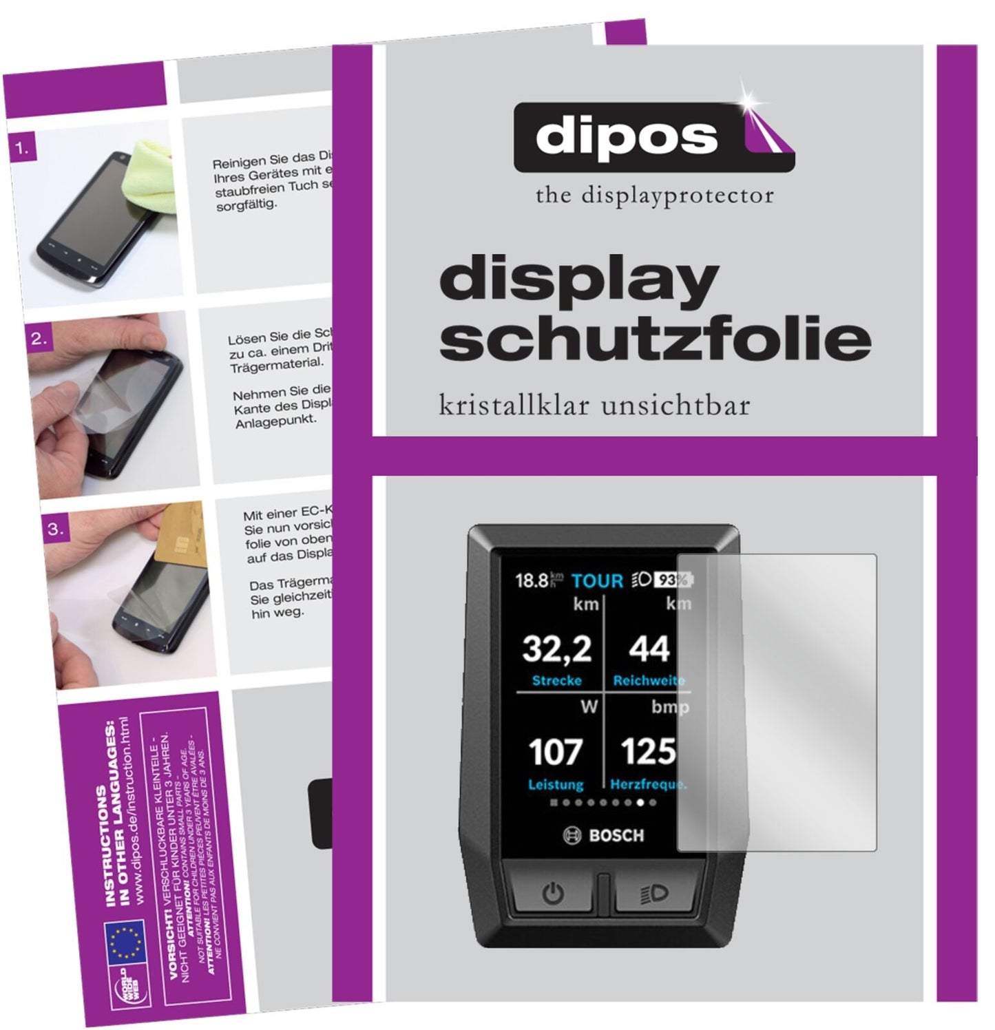 BoschKiox e-Bike Display mit aufgebrachter dipos Displayschutzfolie, glasklare Darstellung ohne Einschränkungen
