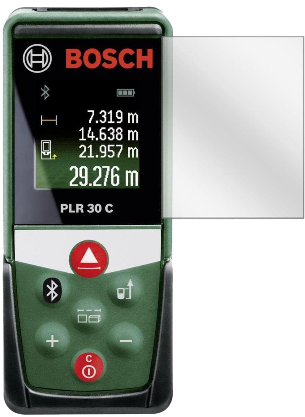 BoschPLR 30 C mit aufgebrachter dipos Displayschutzfolie, glasklare Darstellung ohne Einschränkungen