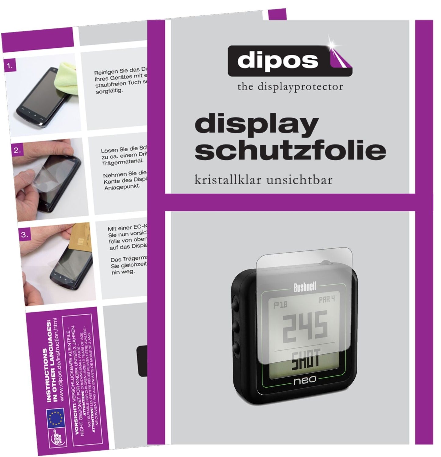 BushnellNeo Ghost mit aufgebrachter dipos Displayschutzfolie, glasklare Darstellung ohne Einschränkungen