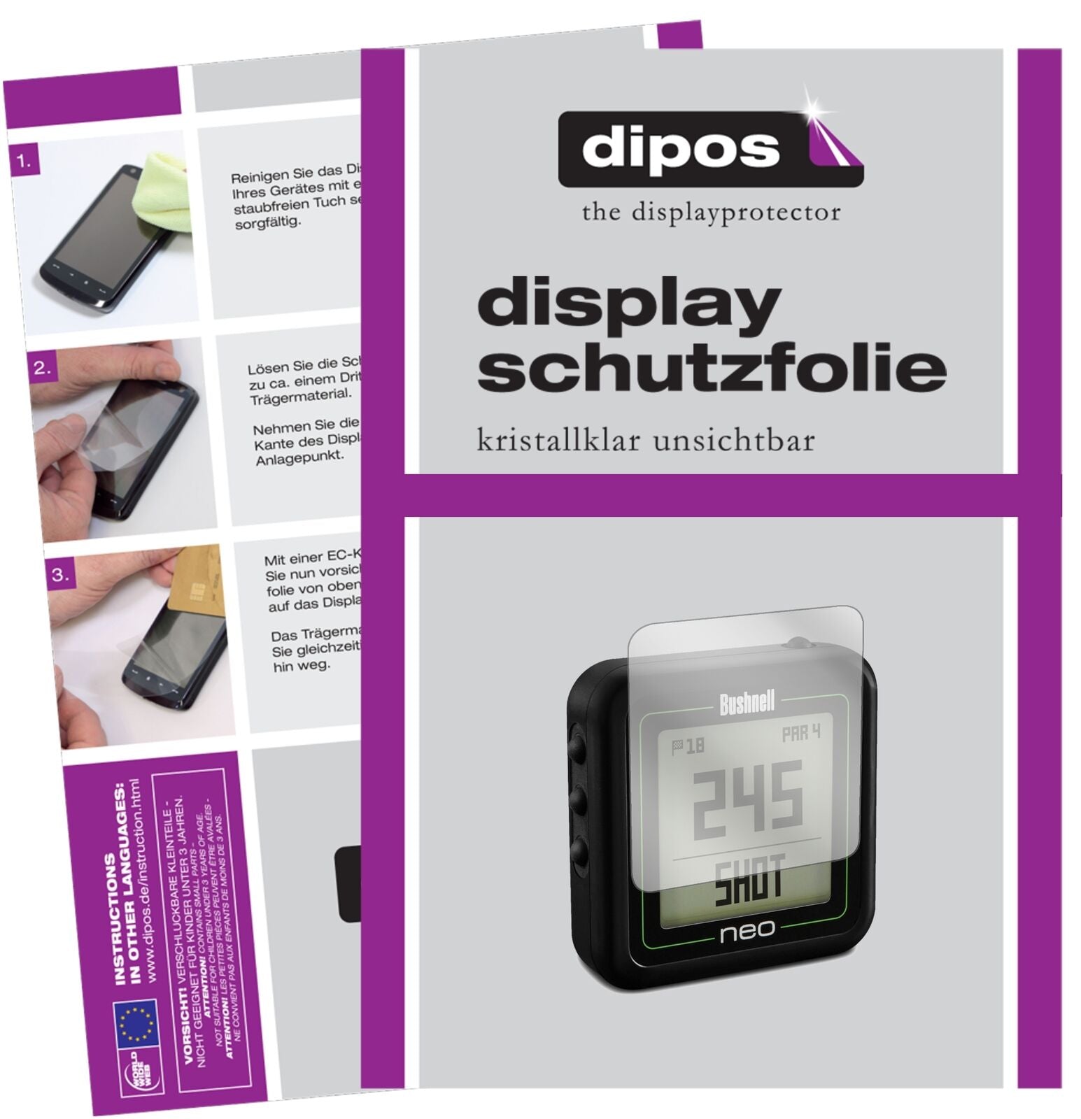 BushnellNeo Ghost mit aufgebrachter dipos Displayschutzfolie, glasklare Darstellung ohne Einschränkungen