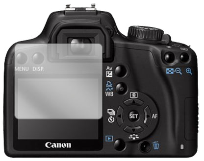 CanonEOS 1000D mit aufgebrachter dipos Displayschutzfolie, glasklare Darstellung ohne Einschränkungen