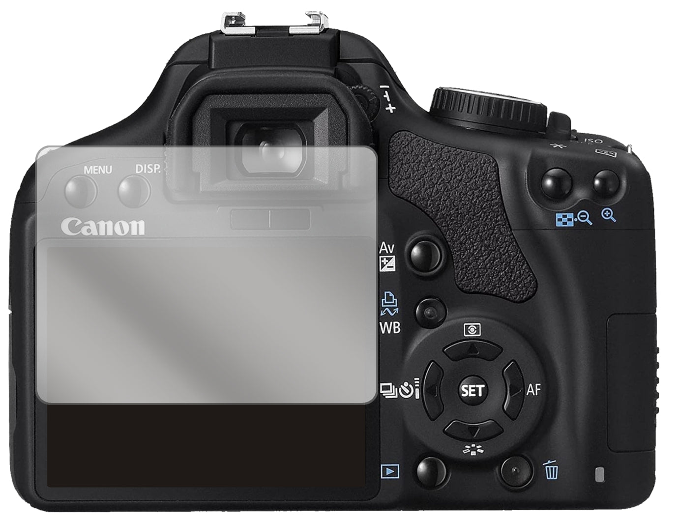 CanonEOS 450D mit aufgebrachter dipos Displayschutzfolie, glasklare Darstellung ohne Einschränkungen