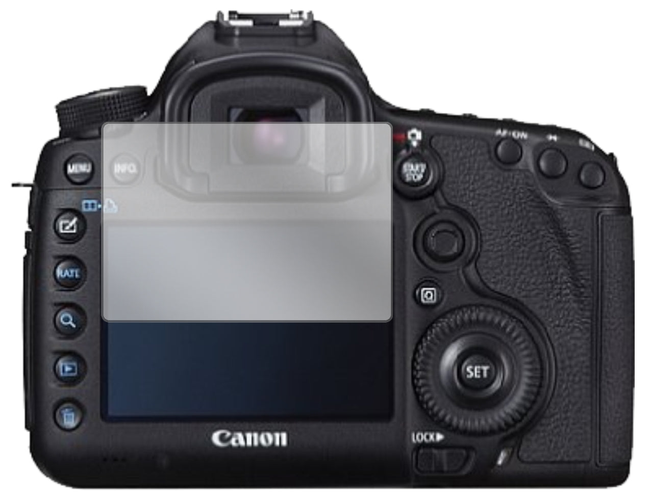 CanonEOS 5D Mark III mit aufgebrachter dipos Displayschutzfolie, glasklare Darstellung ohne Einschränkungen