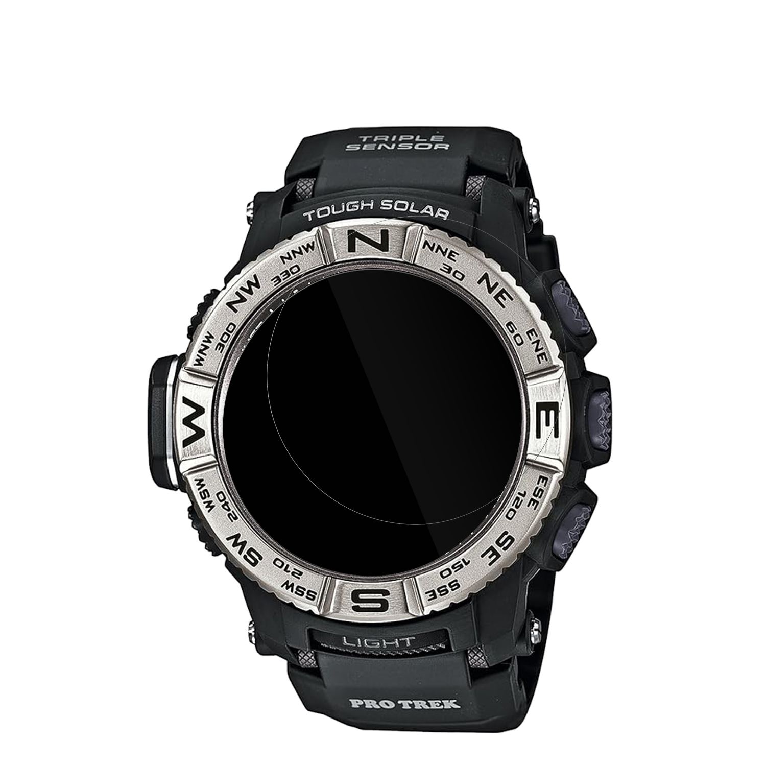 CasioPro Trek PRW-3500-1 mit aufgebrachter dipos Displayschutzfolie, glasklare Darstellung ohne Einschränkungen