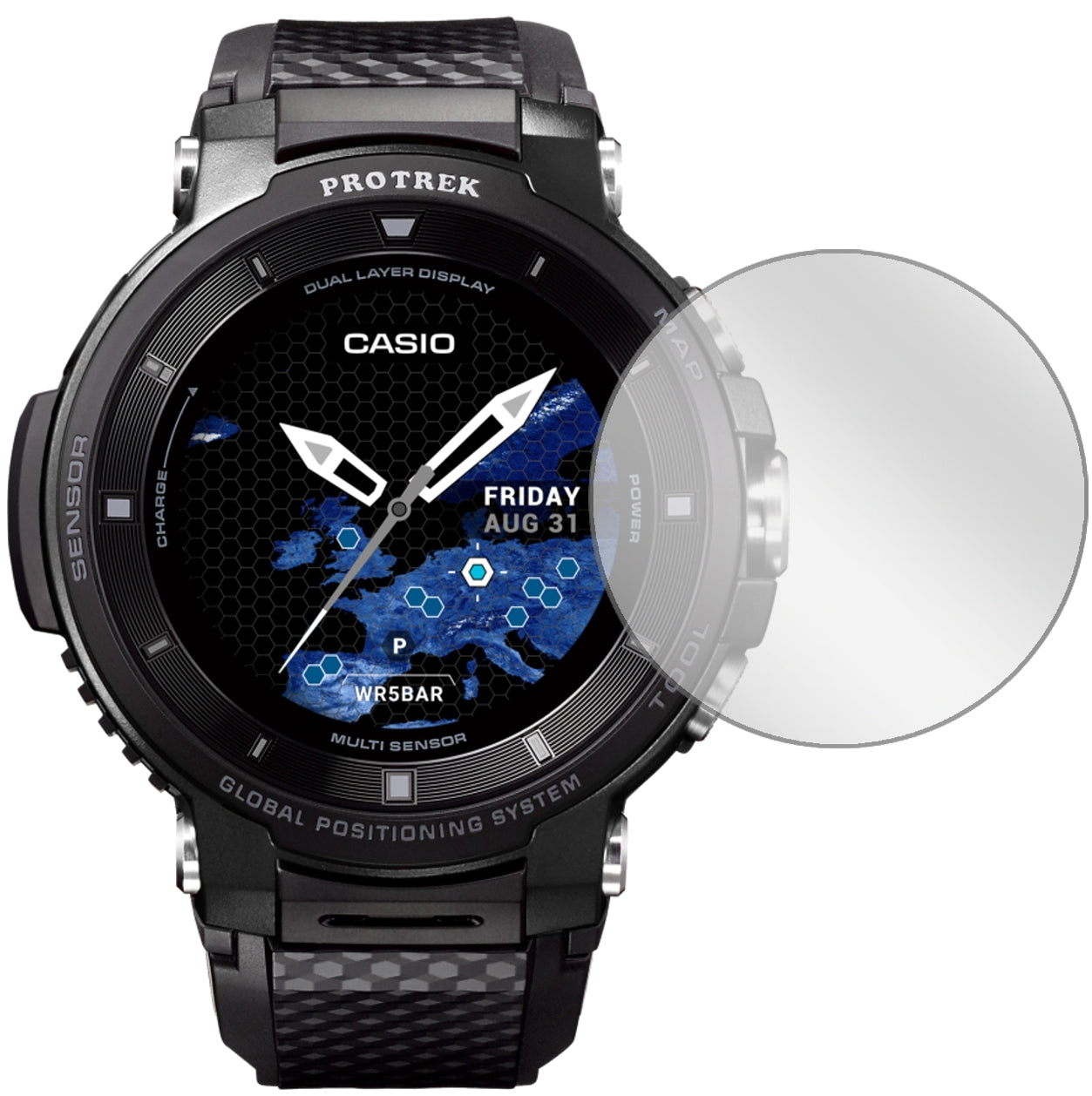 CasioPro Trek smart WSD-F30 mit aufgebrachter dipos Displayschutzfolie, glasklare Darstellung ohne Einschränkungen