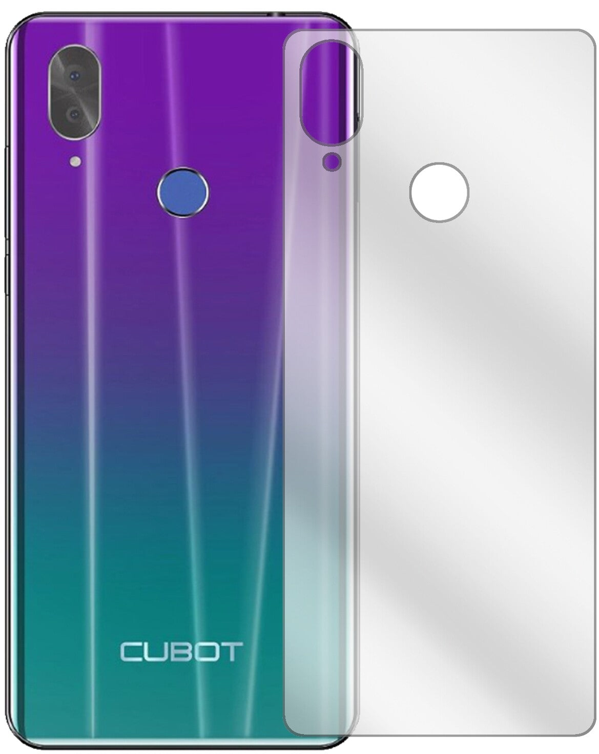 CubotX19 Rückseite mit aufgebrachter dipos Displayschutzfolie, glasklare Darstellung ohne Einschränkungen
