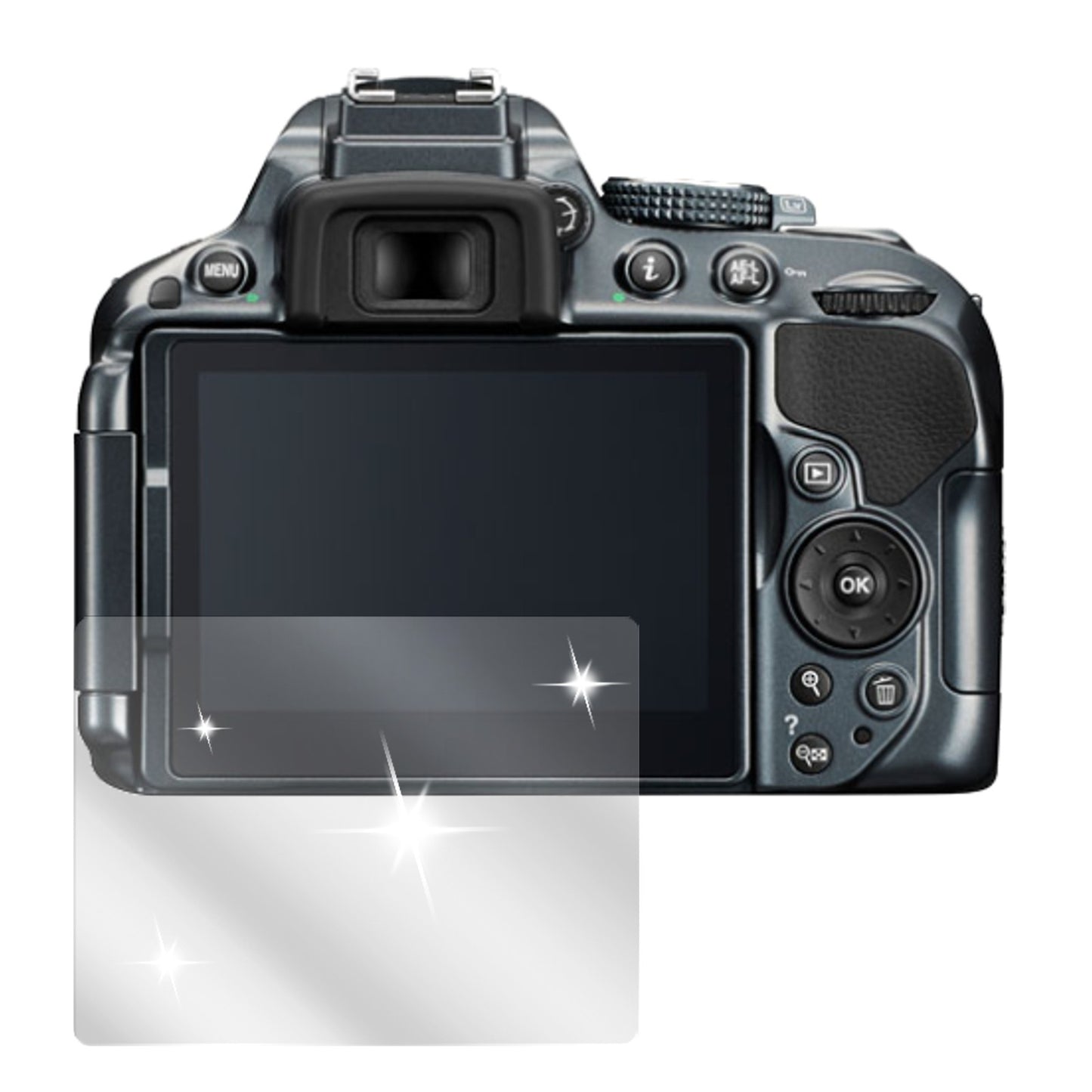 D5300Nikon mit aufgebrachter dipos Displayschutzfolie, glasklare Darstellung ohne Einschränkungen