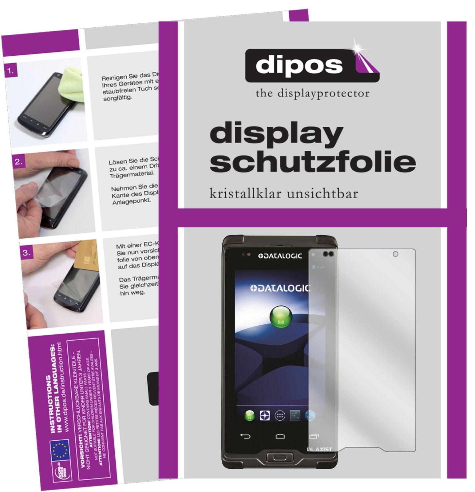 DatalogicAxist mit aufgebrachter dipos Displayschutzfolie, glasklare Darstellung ohne Einschränkungen