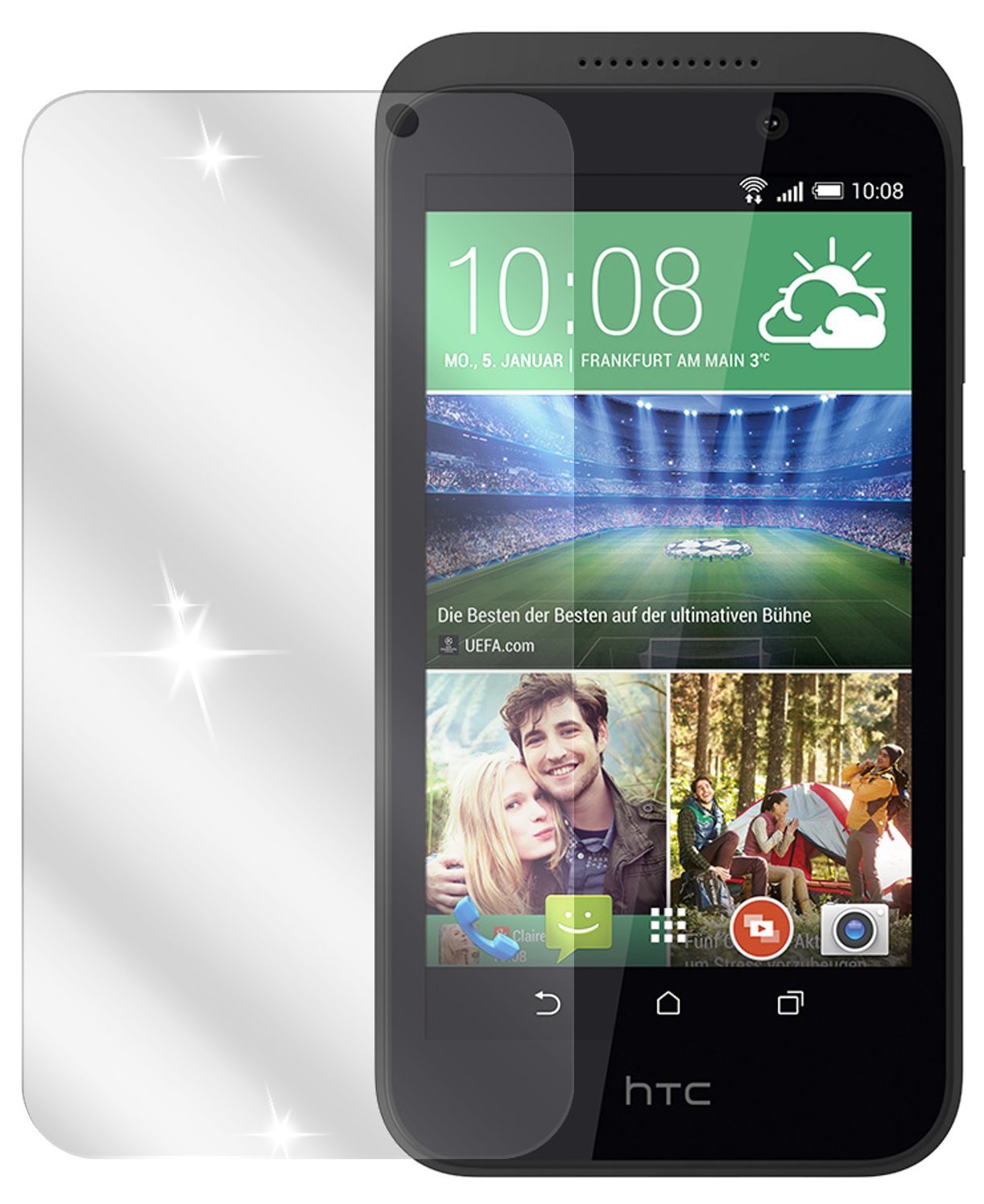 Desire 320HTC mit aufgebrachter dipos Displayschutzfolie, glasklare Darstellung ohne Einschränkungen