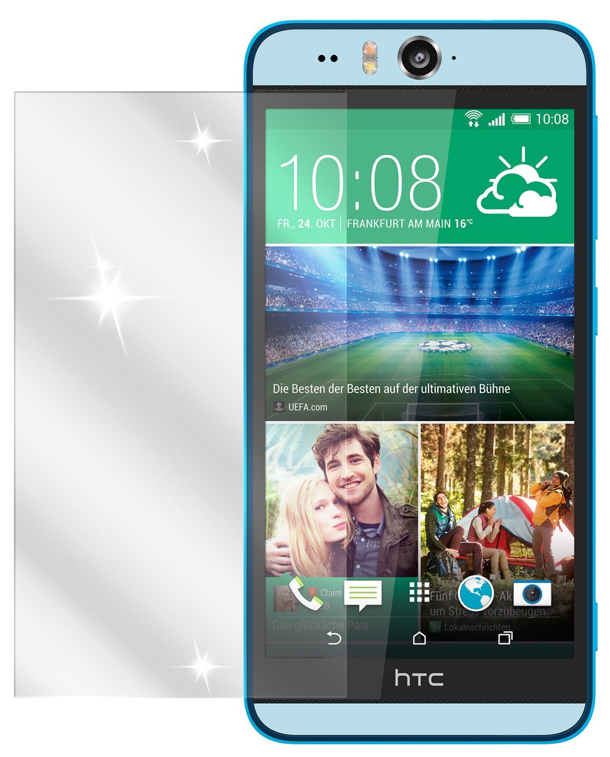 Desire EyeHTC mit aufgebrachter dipos Displayschutzfolie, glasklare Darstellung ohne Einschränkungen