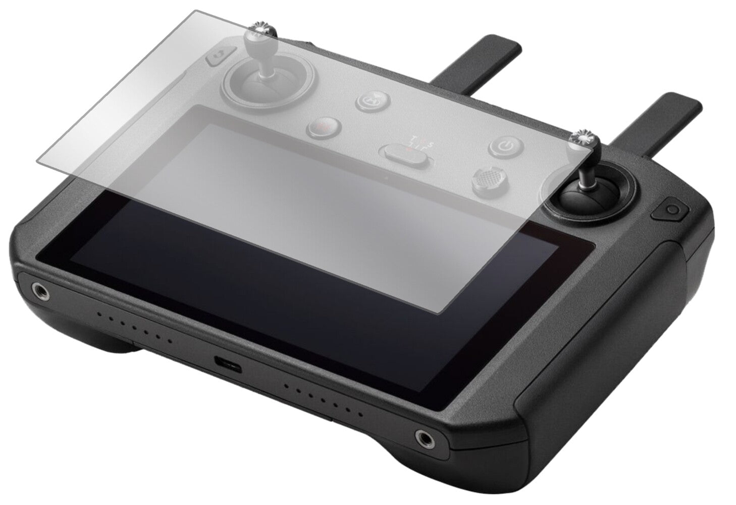 DJISmart Controller mit aufgebrachter dipos Displayschutzfolie, glasklare Darstellung ohne Einschränkungen