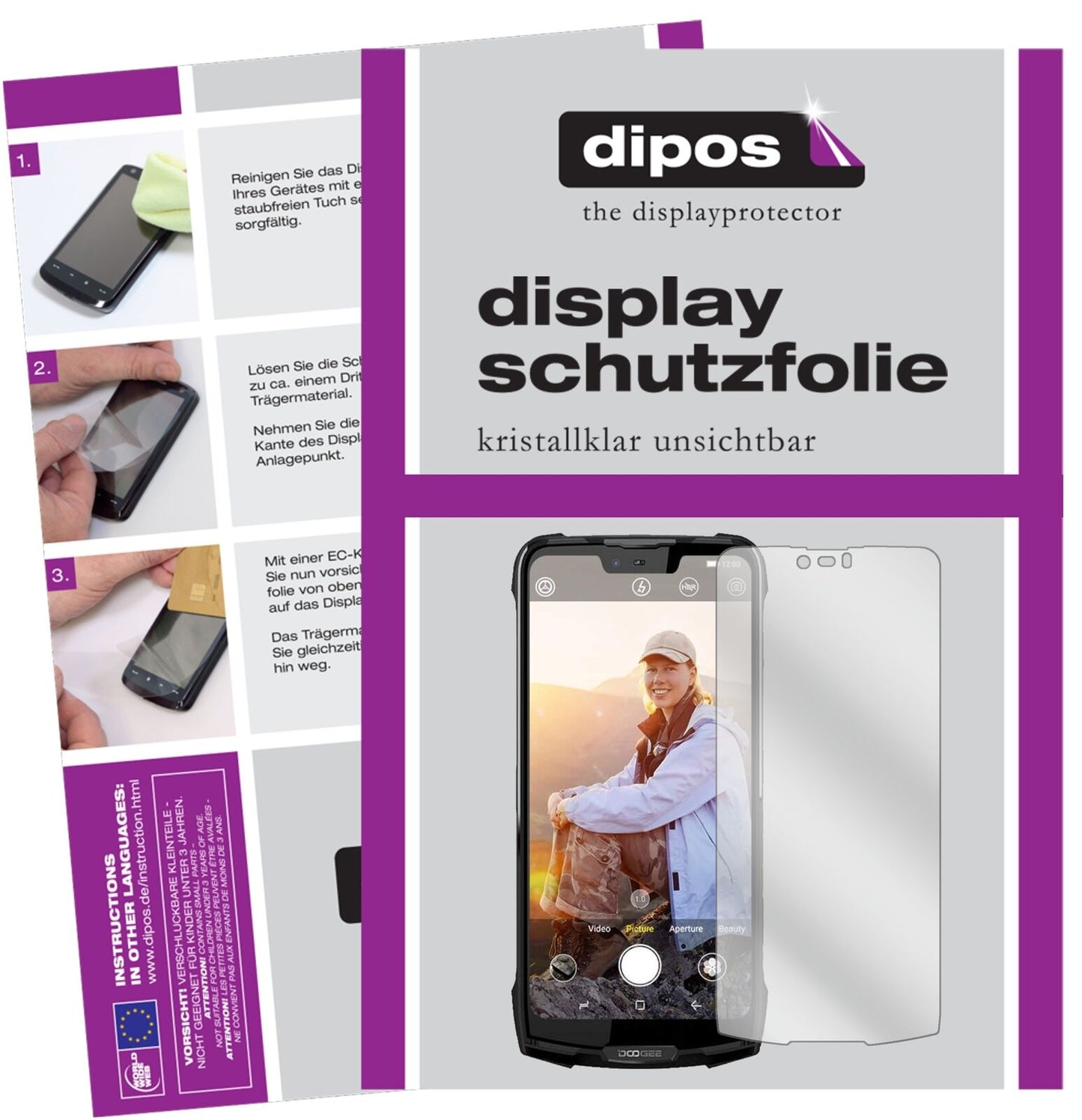 DoogeeS90 mit aufgebrachter dipos Displayschutzfolie, glasklare Darstellung ohne Einschränkungen