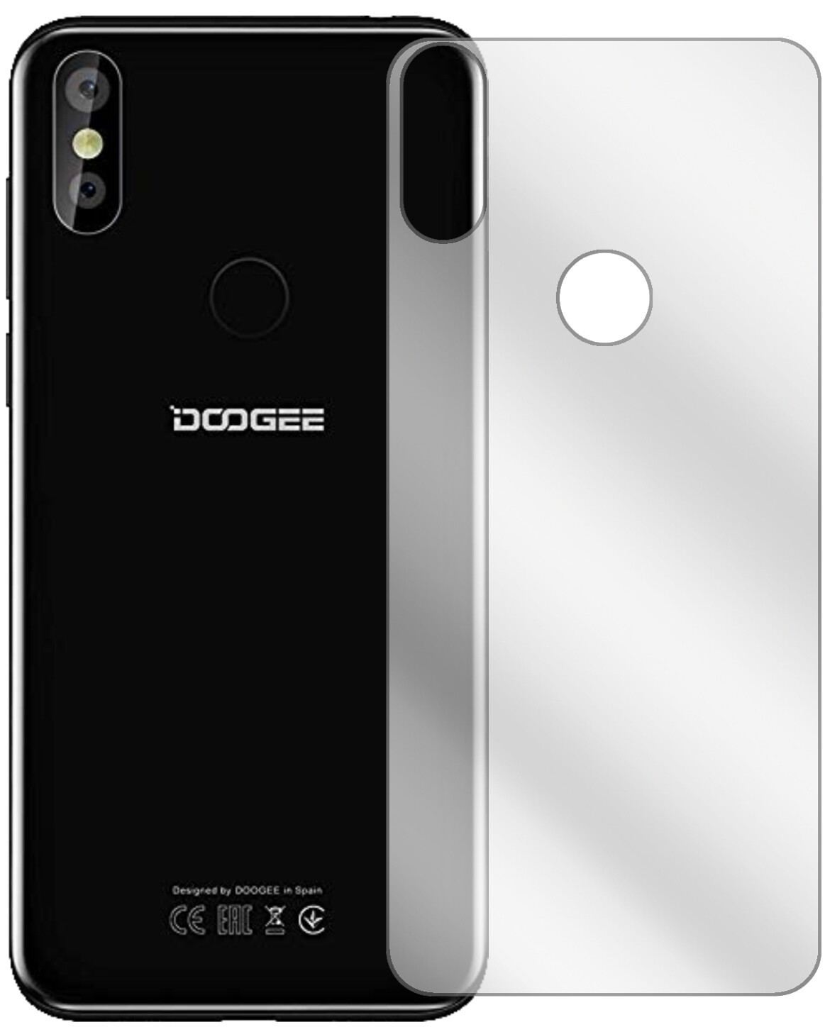 DoogeeY8 Rückseite mit aufgebrachter dipos Displayschutzfolie, glasklare Darstellung ohne Einschränkungen
