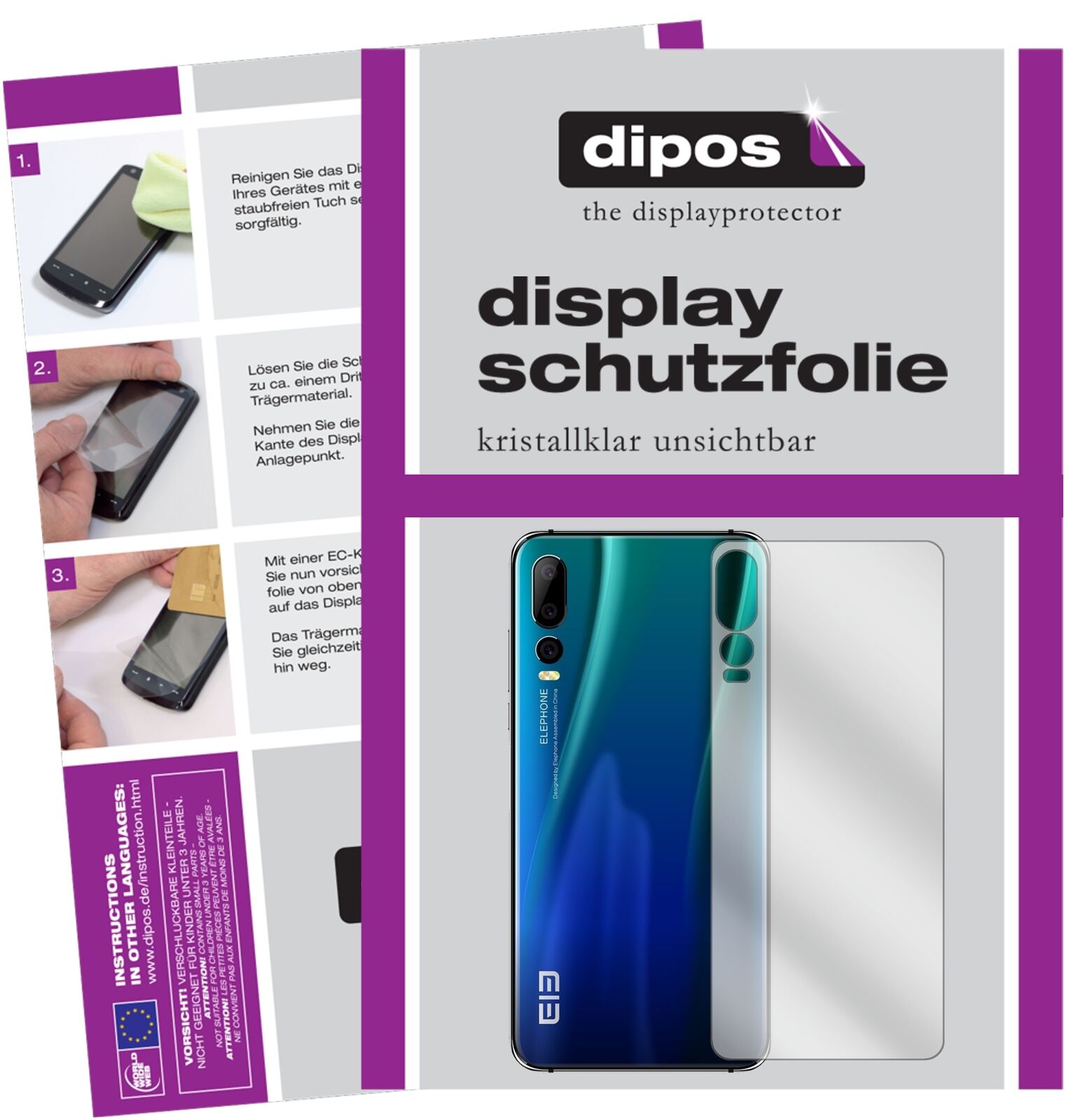 ElephoneA5 Rückseite mit aufgebrachter dipos Displayschutzfolie, glasklare Darstellung ohne Einschränkungen