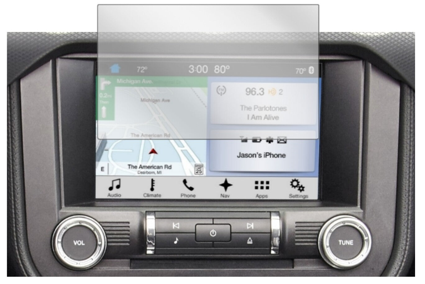 FordMustang Navi (ab BJ 2015) mit aufgebrachter dipos Displayschutzfolie, glasklare Darstellung ohne Einschränkungen