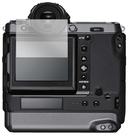 FujifilmGFX100 mit aufgebrachter dipos Displayschutzfolie, glasklare Darstellung ohne Einschränkungen