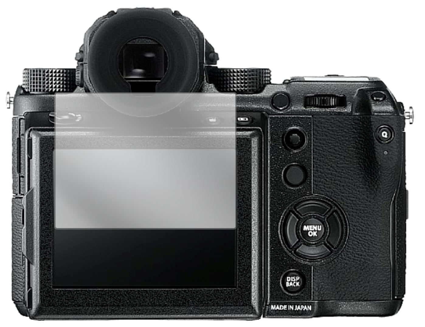 FujifilmGXF 50S mit aufgebrachter dipos Displayschutzfolie, glasklare Darstellung ohne Einschränkungen