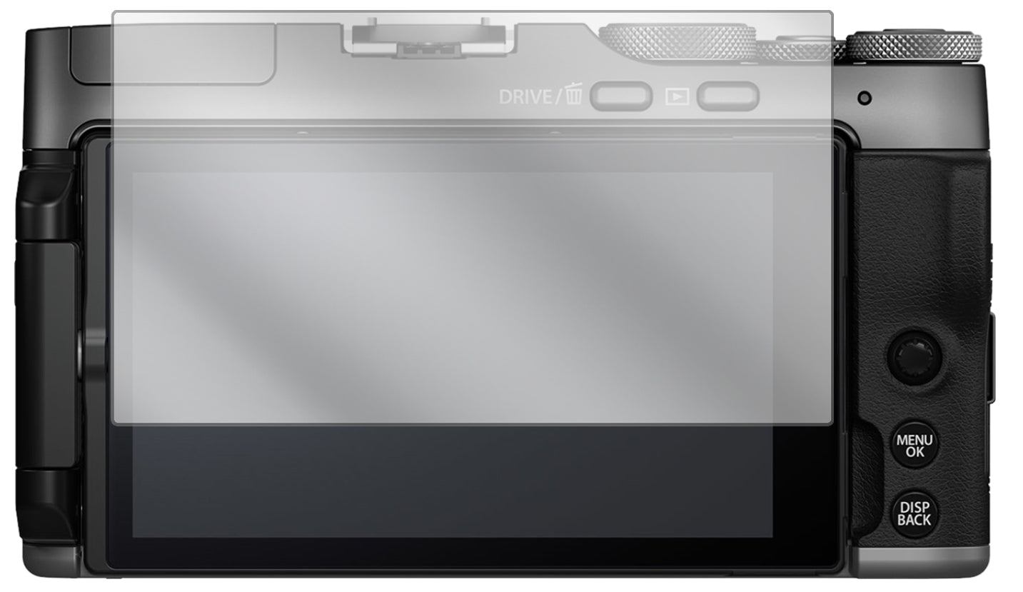 FujifilmX-A7 mit aufgebrachter dipos Displayschutzfolie, glasklare Darstellung ohne Einschränkungen