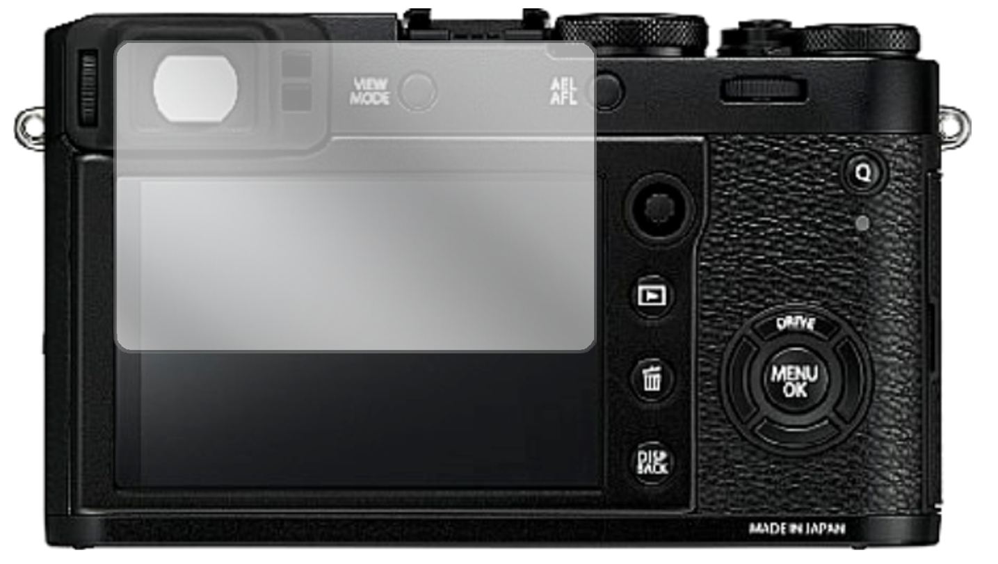 FujifilmX100F mit aufgebrachter dipos Displayschutzfolie, glasklare Darstellung ohne Einschränkungen
