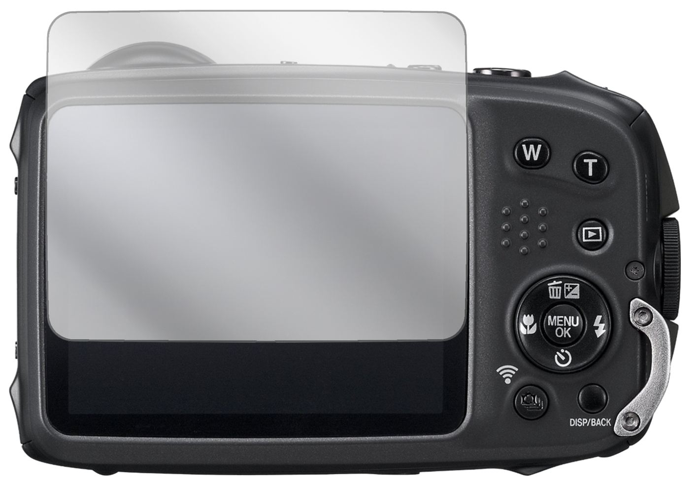 FujifilmXP90 Kompaktkamera mit aufgebrachter dipos Displayschutzfolie, glasklare Darstellung ohne Einschränkungen