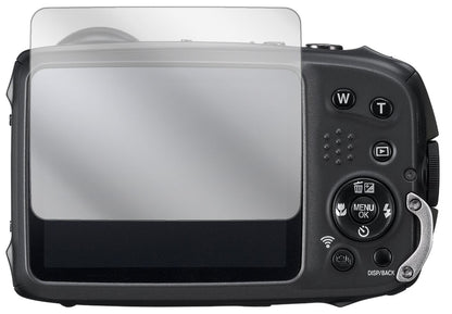 FujifilmXP90 Kompaktkamera mit aufgebrachter dipos Displayschutzfolie, glasklare Darstellung ohne Einschränkungen