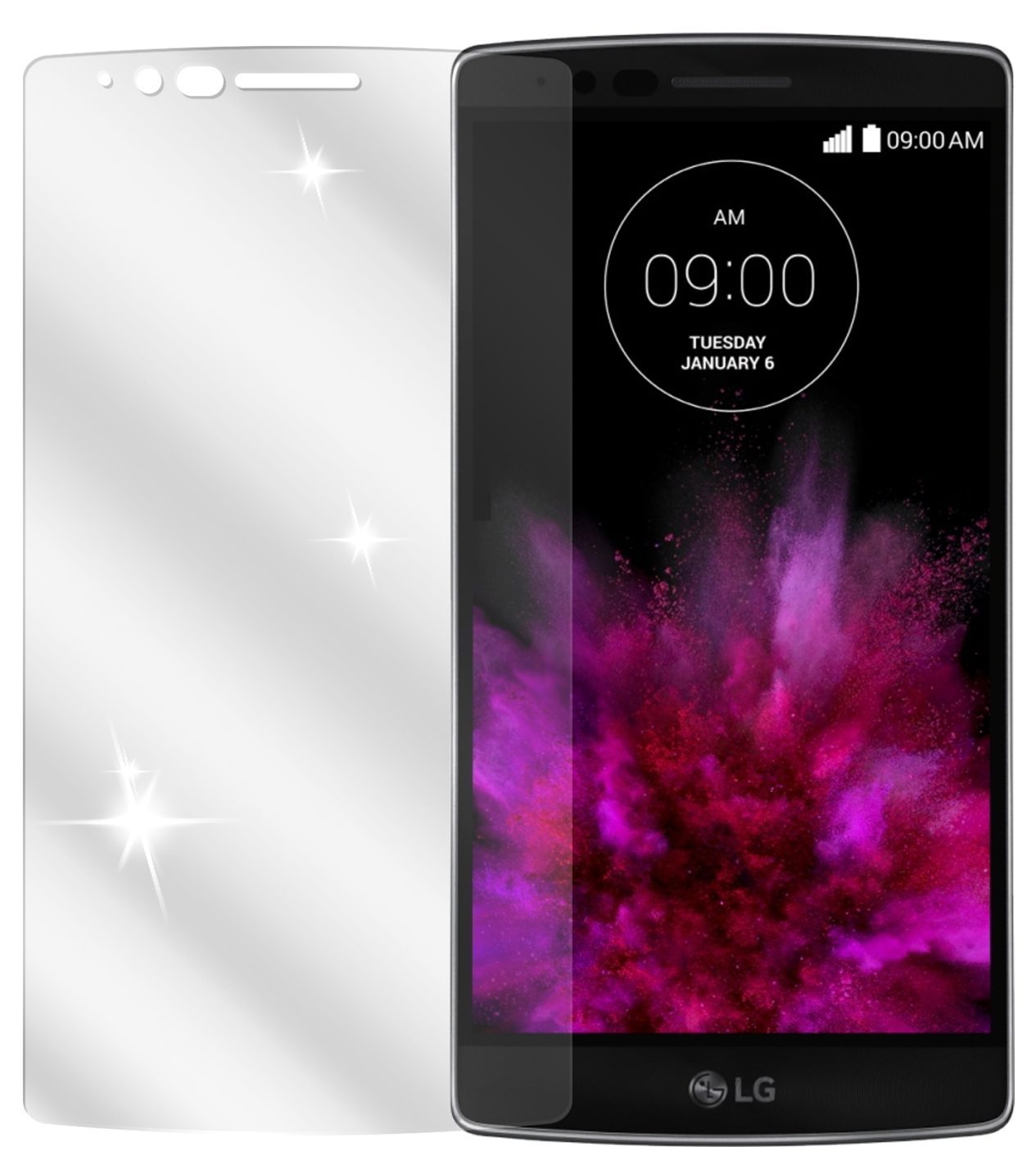 G Flex 2LG mit aufgebrachter dipos Displayschutzfolie, glasklare Darstellung ohne Einschränkungen