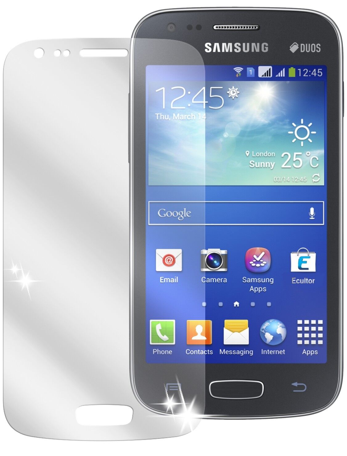 Galaxy Ace 3Samsung mit aufgebrachter dipos Displayschutzfolie, glasklare Darstellung ohne Einschränkungen