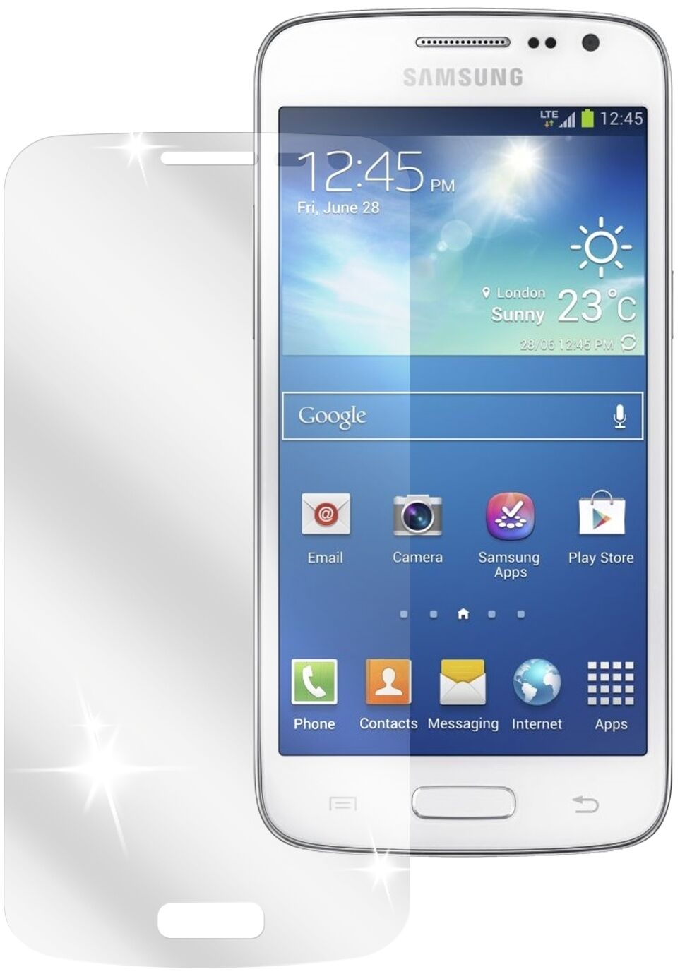Galaxy Express 2Samsung mit aufgebrachter dipos Displayschutzfolie, glasklare Darstellung ohne Einschränkungen