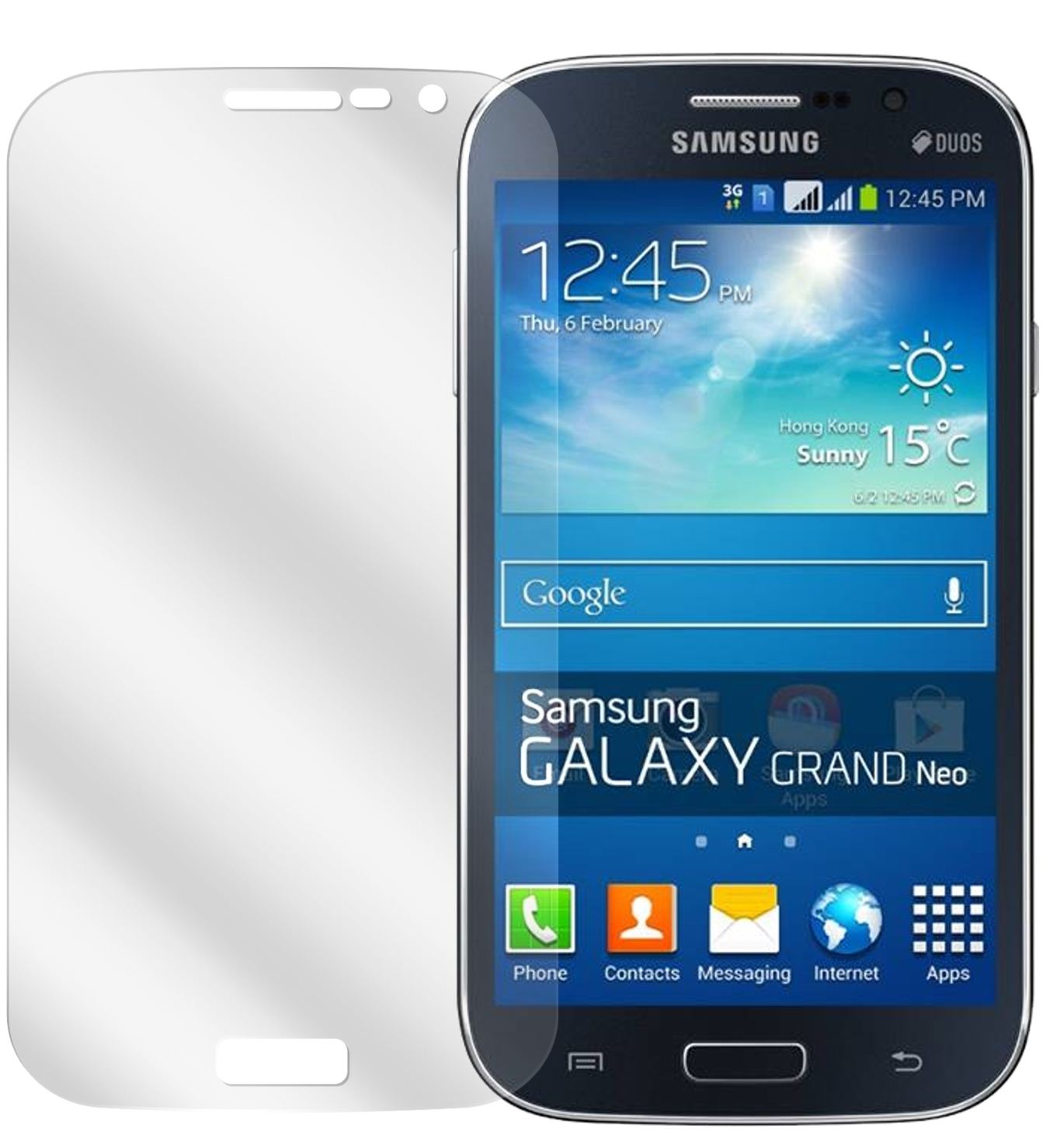 Galaxy Grand Neo PlusSamsung mit aufgebrachter dipos Displayschutzfolie, glasklare Darstellung ohne Einschränkungen